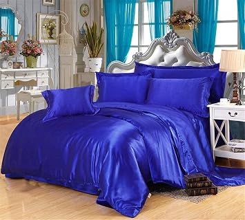 100% Pure Silk Satin Duvet with Fitted Set 4 Pcs Silk Fitted Sheet 15" Deep Pocket Silk Duvet Cover Pillowcases Soft Silk Sheets|Wrinkle Free Fade ResistantCalifornia King, Royal Blue