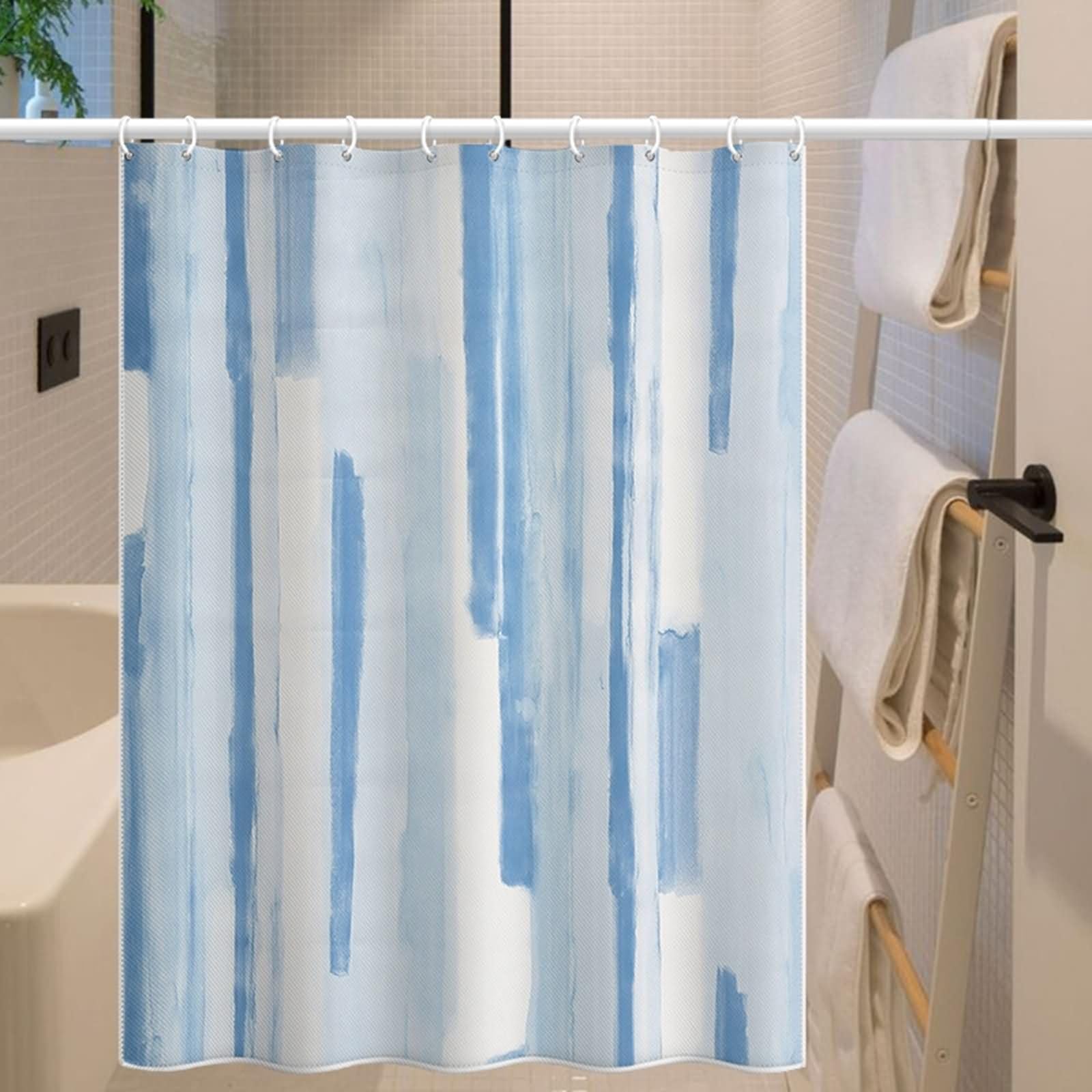 Duschvorhang Antischimmel 240x200CM Blau, Polyester Duschvorhänge Für Badewannen mit ÖSEN Abstrakt Streifen Muster Badewanne Vorhang mit Haken