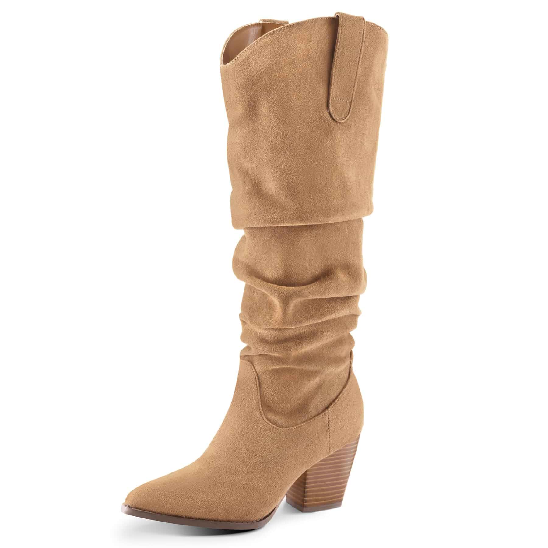 mysoft Women's Knee High Boots Slouchy Pointed Toe Cowboy Western Boots Cowgirl,Tall Boots,Comfortable Chunky Block Heel,Pull On,Side Zipper,Suede,Rubber,Dresses,Jeans,Leggings,Fall Winter,Retro