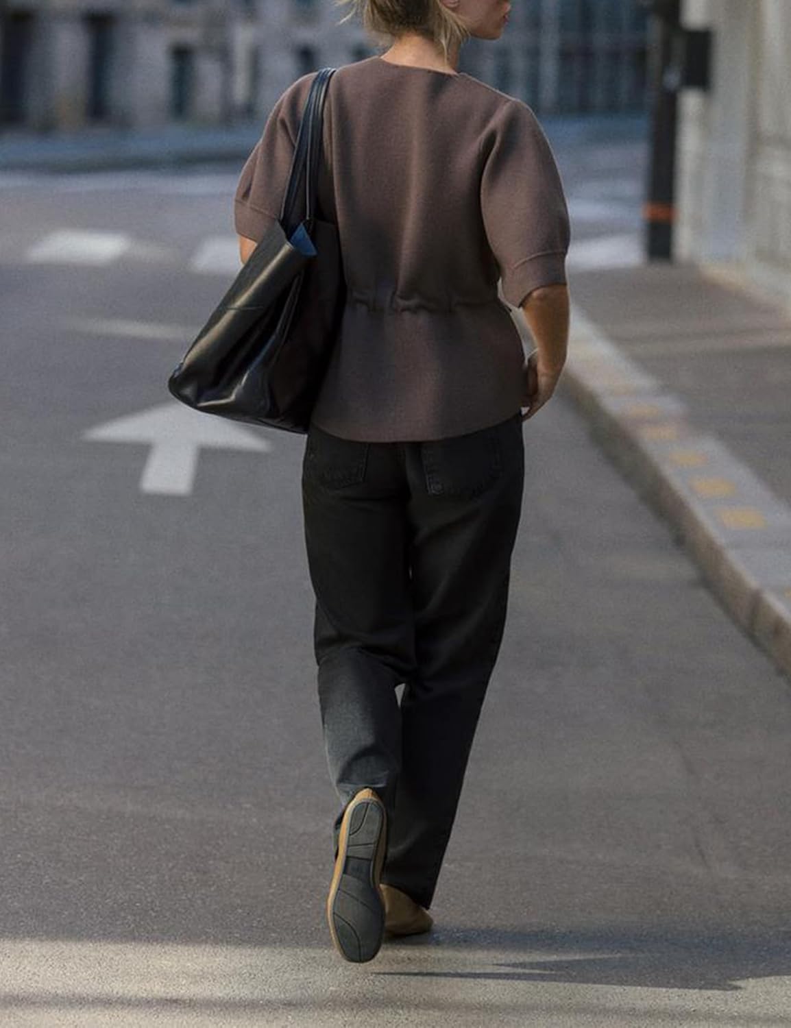 Zhiyouni Women's Short Sleeves Sweater Round Neck Belted Knit Peplum Tops Jumper Pullover - Image 4