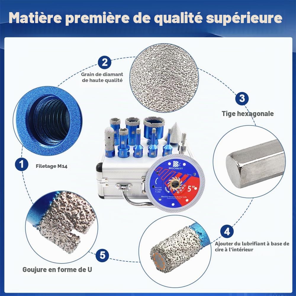 Kit de foret diamanté, 6/8/10/20/25/35/50 mm de taille, scie de cloche diamantée, avec fraise à doigts de 20/50 mm, un adaptateur, pour porcelaine, carrelage, granit, marbre, perçage à sec