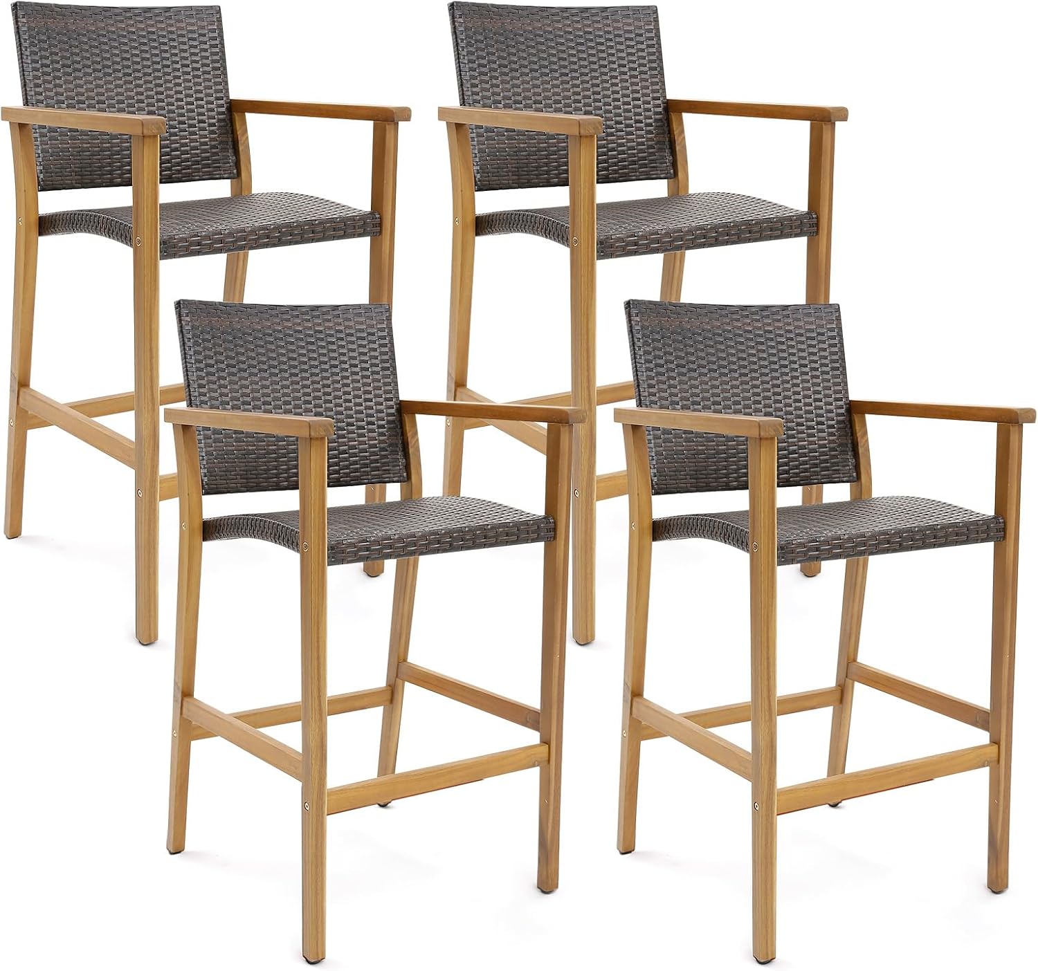 Tangkula Patio Rattan Bar Stool Set of 4, Outdoor PE Wicker Bar Chairs with Armrests, Counter Height Acacia Wood Barstools with Sturdy Footrests, for Balcony, Backyard, Poolside (4, Mix Brown)