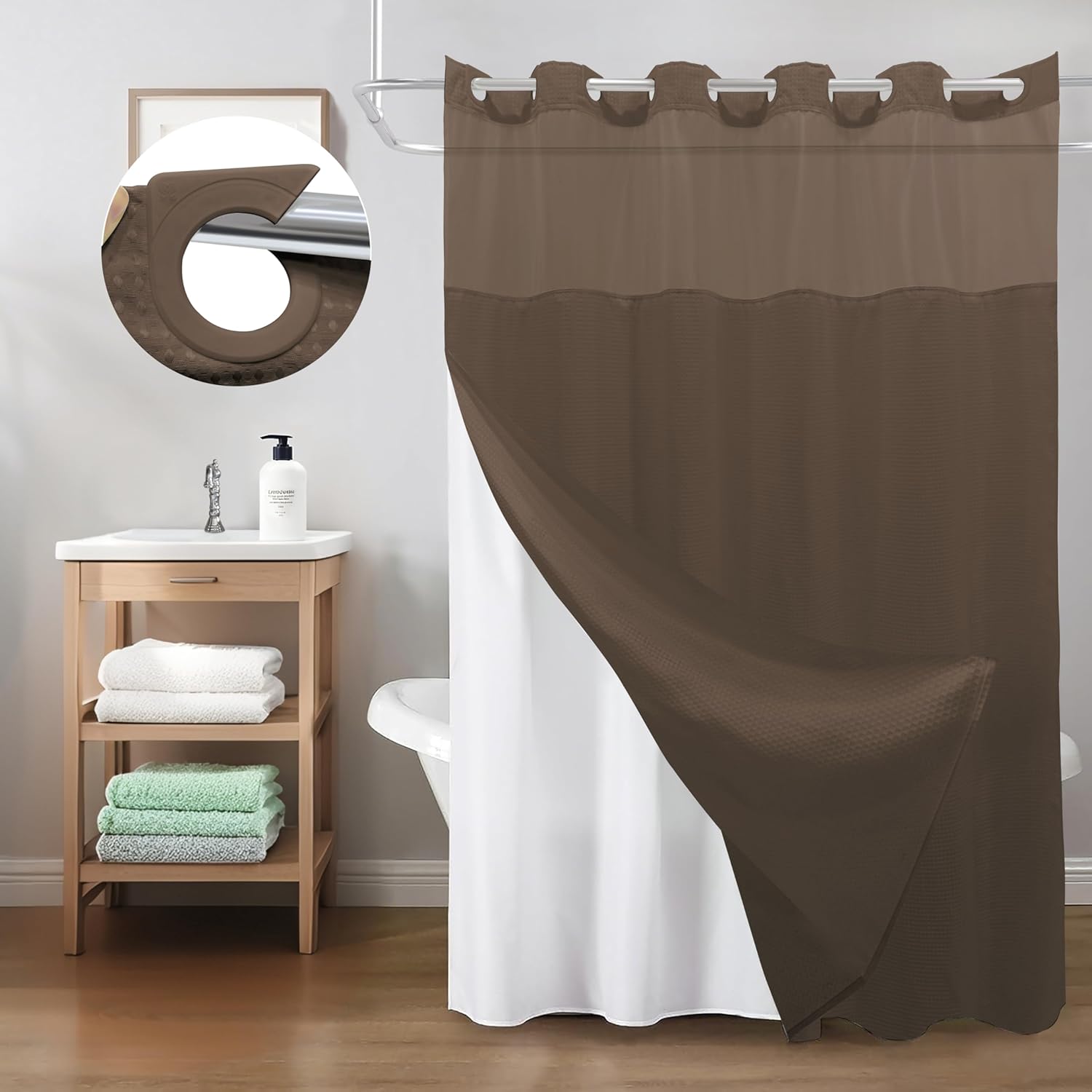 Inhousolu No Hook Shower Curtain with Snap in Fabric Liner Set Waffle Weave 230GSM Weighted Hem, Waterproof & Washable Bathroom Curtain Spa Luxury with Mesh Top Window 72" W x 72" L Brown