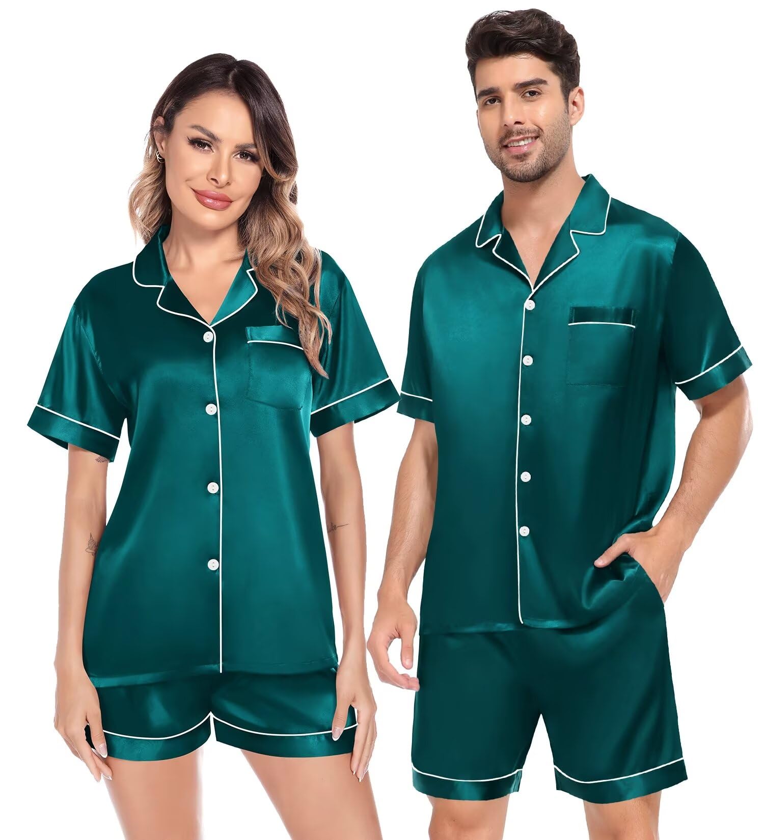 SWOMOG Satin Matching Pajamas Sets Couple Silk Button Down Nightwear Women &amp; Men Short Sleeve Sleepwear 2 Pieces Loungewear