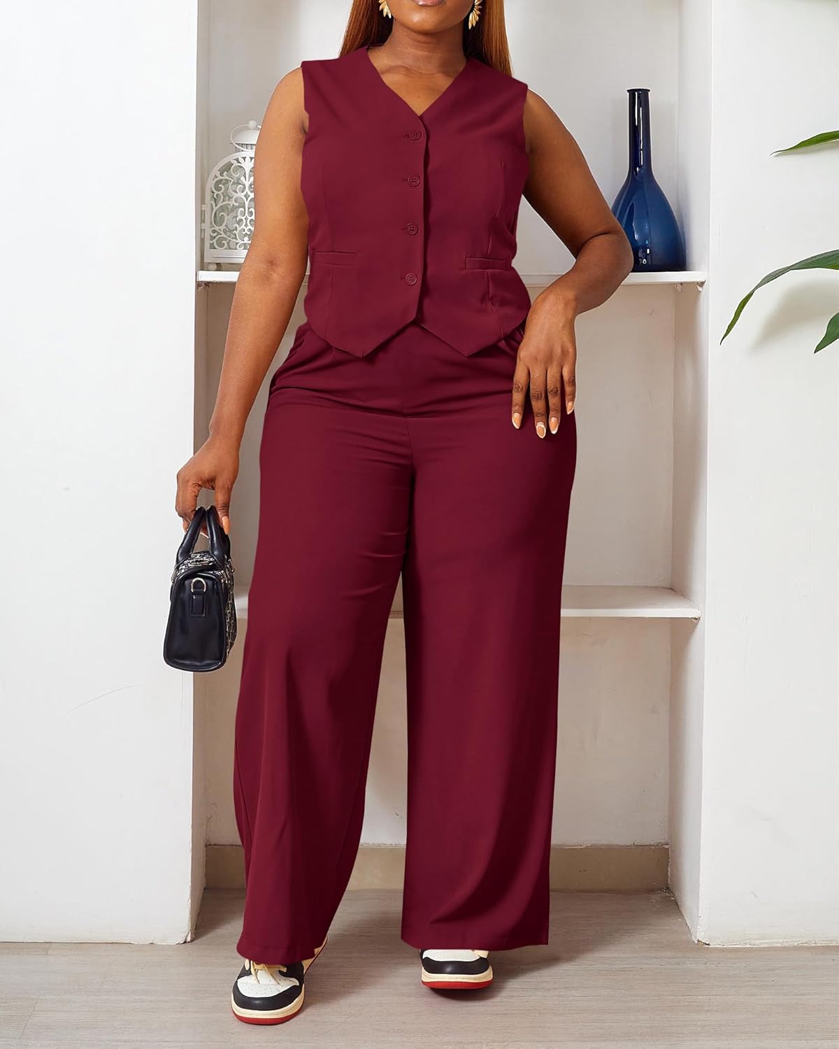 Women's Plus Size Pant Suits 2 Piece Outfits Button Vest Blazer Pockets Wide Leg Pants Sets Casual Pantsuits - Image 4