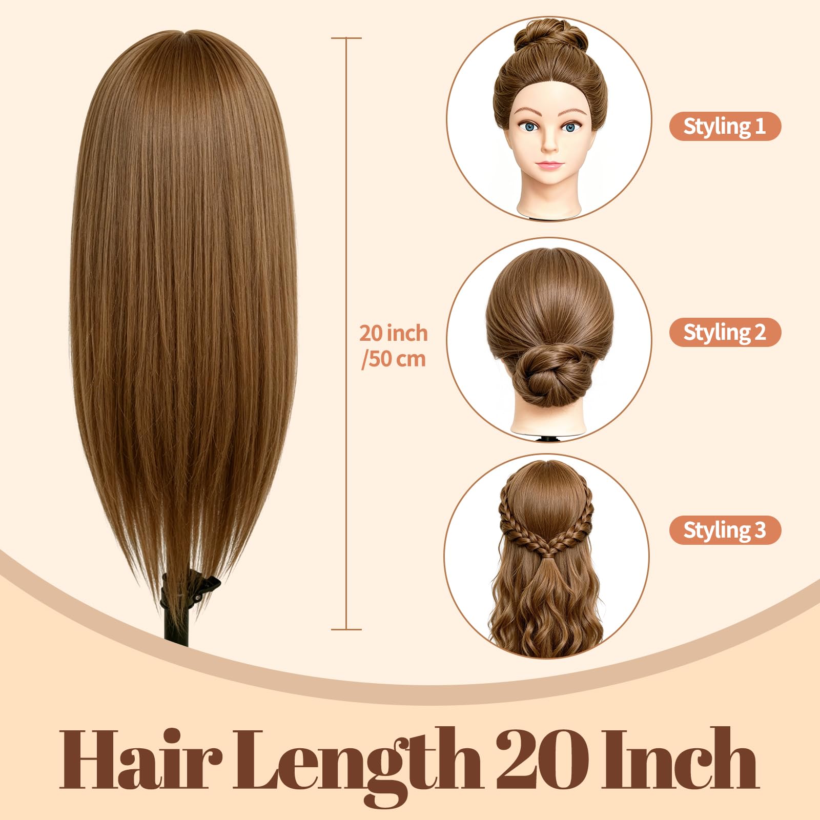 Yofuly 20Zoll/50cm Frisierkopf, 100% Echthaar Übungskopf, Frisieren Trainingsköpfe Puppenkopf Friseur Mannequinkopf mit Tischklemme + DIY-Zopfset (Braun)