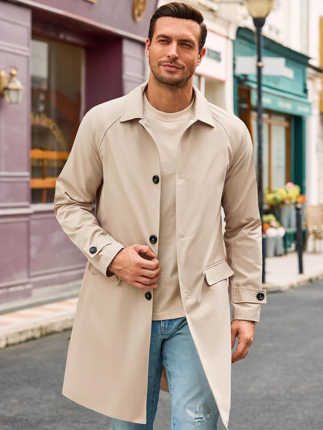 Runcati Mens Trench Coat Slim Fit Single Breasted Long Windbreaker Jacket Classic Lapel Casual Overcoat - Image 2