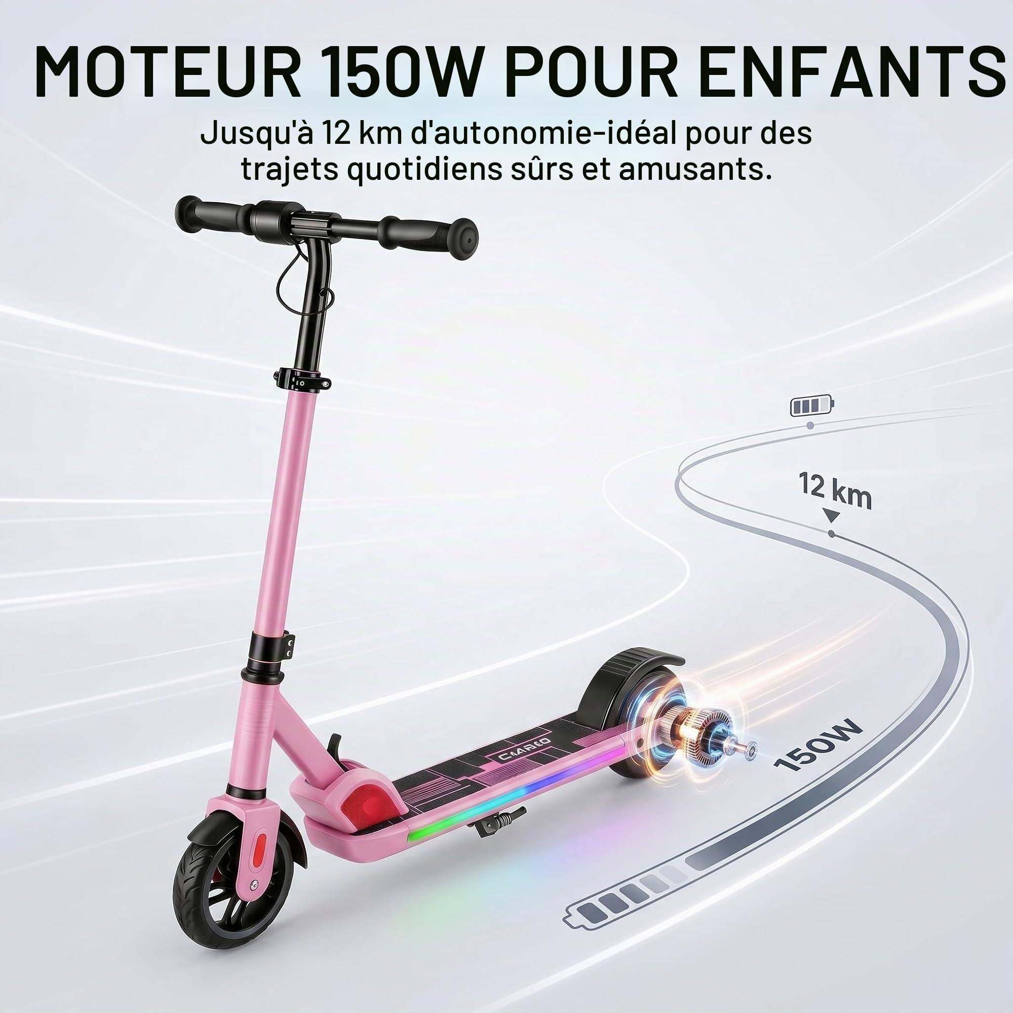 CAROMA Trottinette Electrique(8-10-12Ans), Trottinette électrique Pliable pour Enfants, Autonomie Max 6 KM, Max 16 KM/H, Moteur 150W, Cadeau pour Enfants et Adolescents(