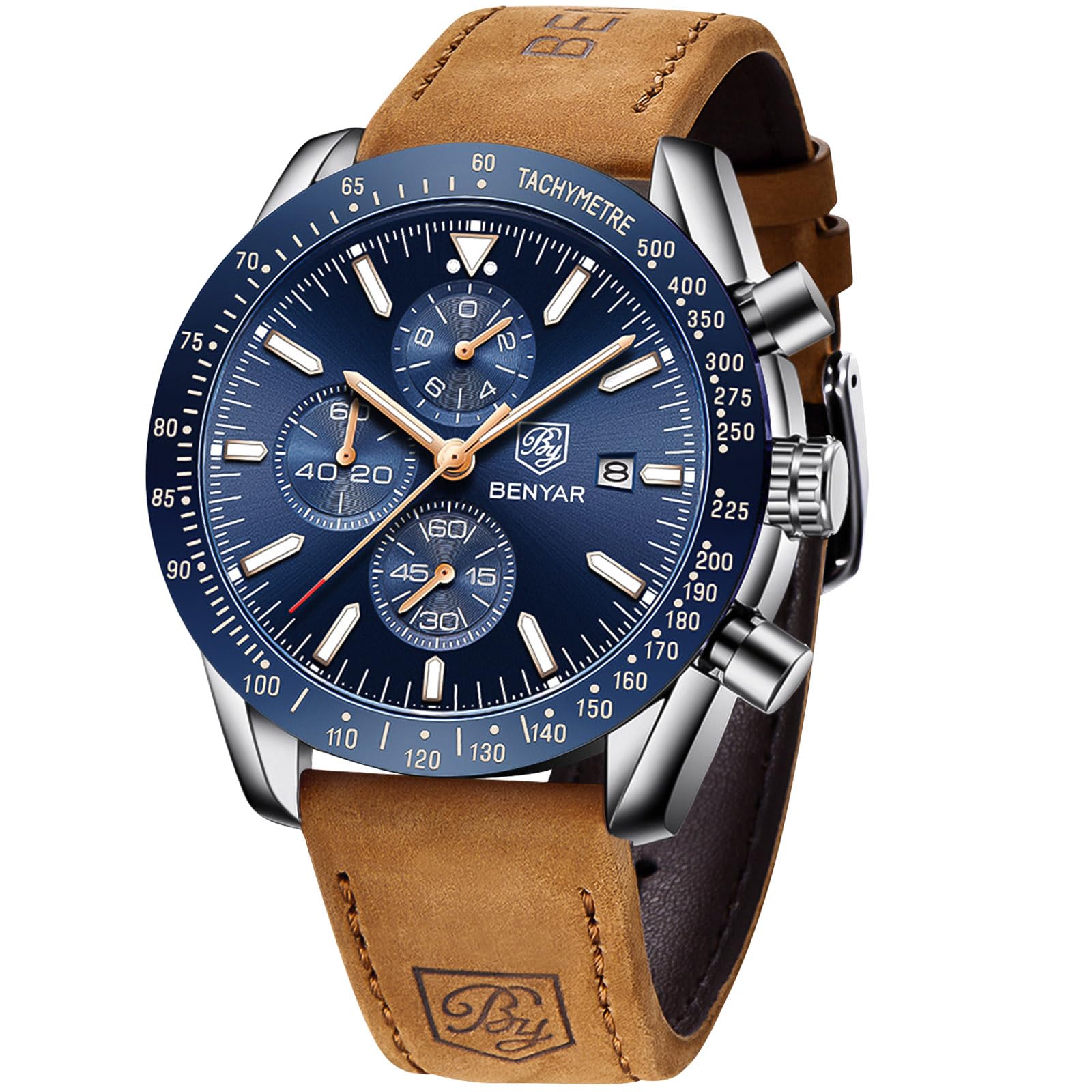 BY BENYAR Orologio Uomo Cronografo Analogico al Quarzo Impermeabile Orologi Sportivo Moda Classico Elegante Orologio da Polso Uomo Cinturino Pelle/Acciaio