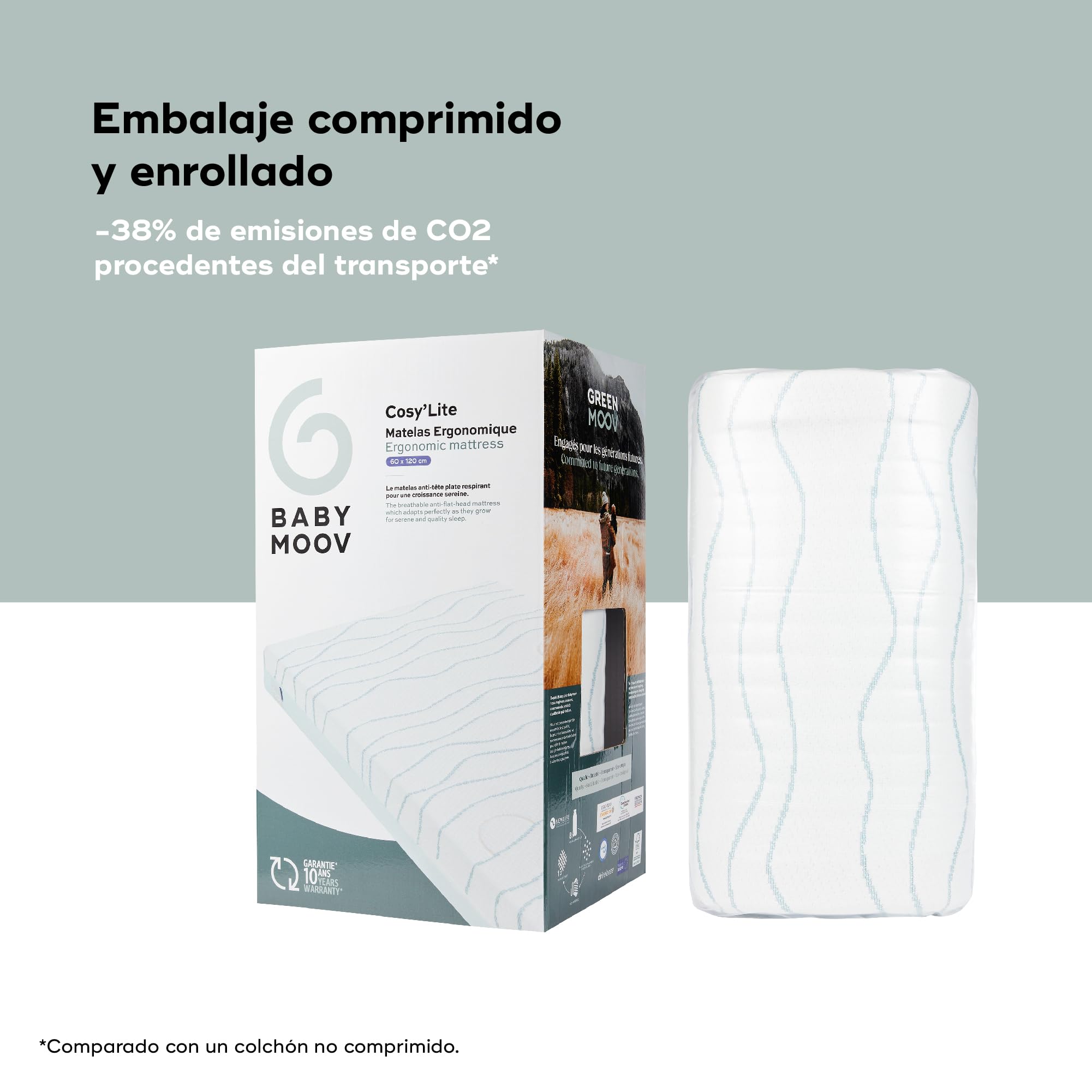 Babymoov Colchón de bebé Cosy’Lite ergonómico 60x120cm -Confort y sujeción óptima para la Columna Vertebral y una Cabeza Redondeada -Espuma de Alta Densidad 10 m -Fabricado en Portugal -Desenfundable