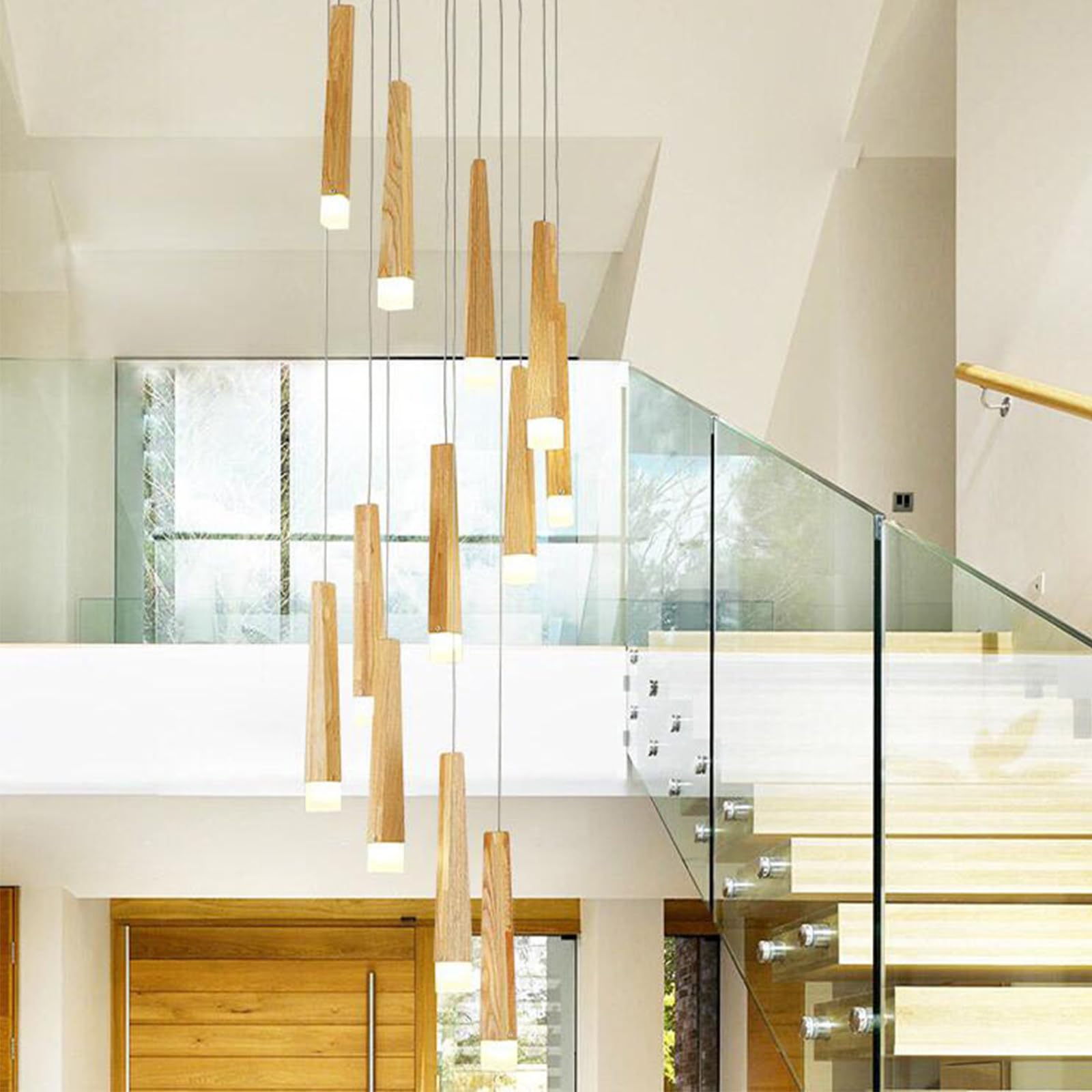 KXEcoLife Staircase Long Pendant Lamp,Meteor Shower Villa Rotating Loft Apartment Elevated Living Room Lamp Duplex Building 12 Heads,White Light