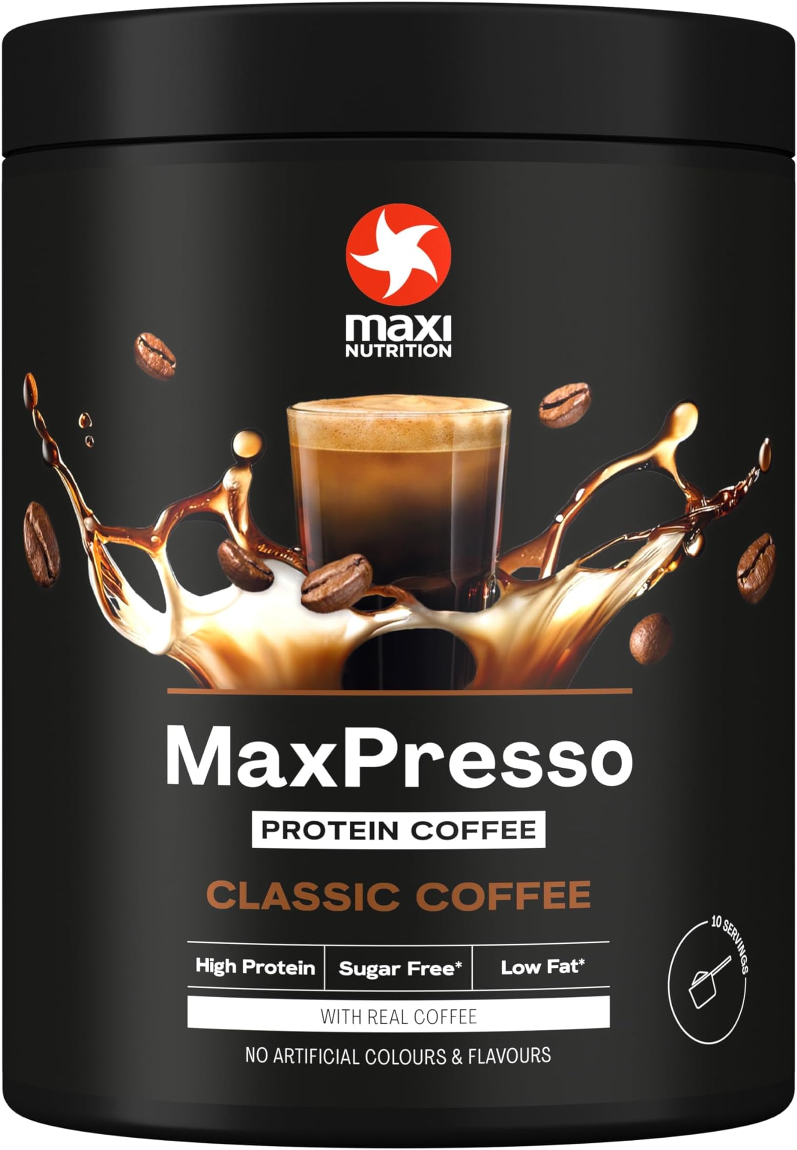MaxPresso Coffee Classic, Protein Coffee, Whey Protein Powder, 22 g Protein per Serving, Sugar-Free & Low-Fat, Mix Warm or Cold