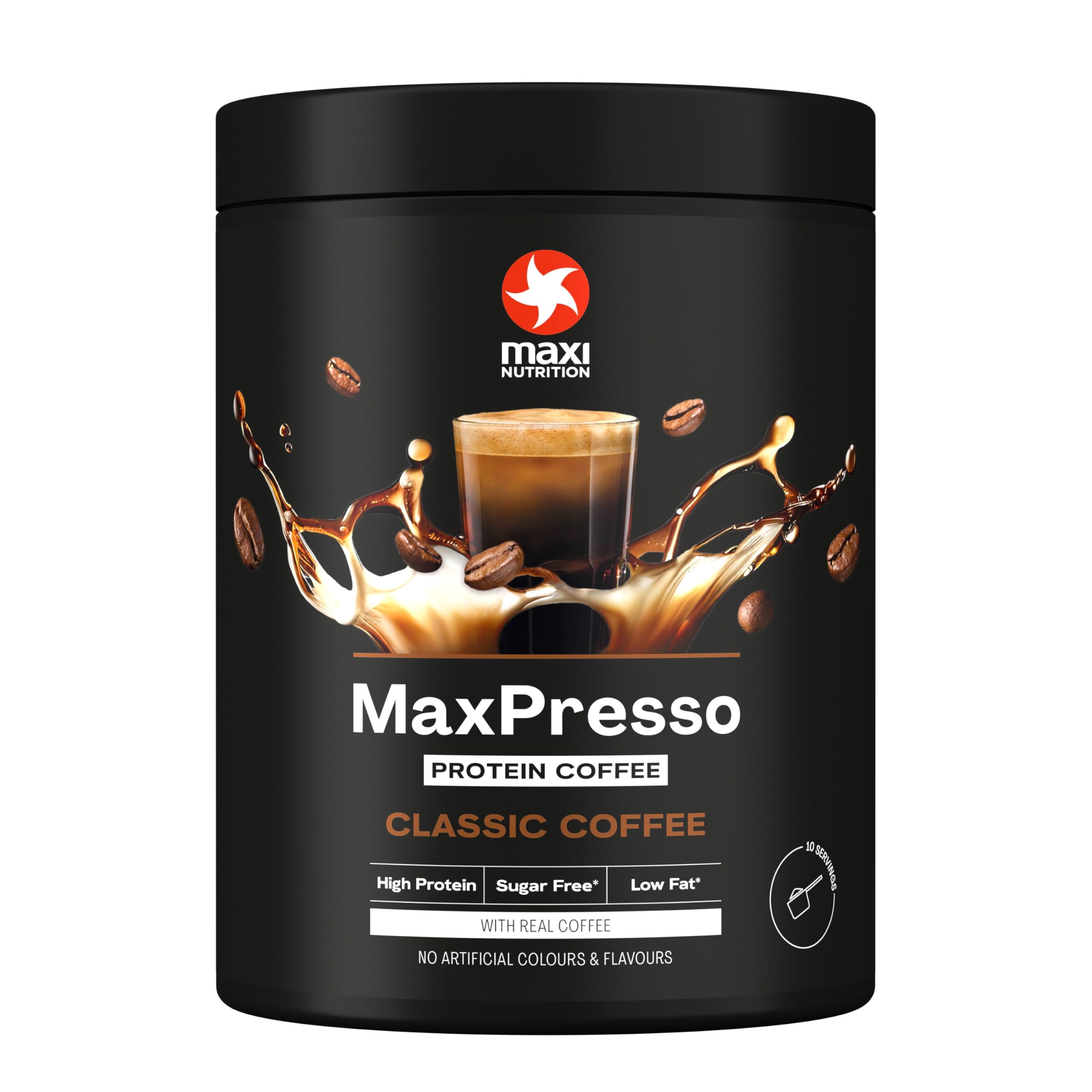 MaxiNutrition MaxPresso Coffee Classic 300g, Protein Kaffee, Whey Coffee Pulver, 21g Eiweiß pro Portion, Zuckerfrei & fettarm, Warm & kalt genießbar