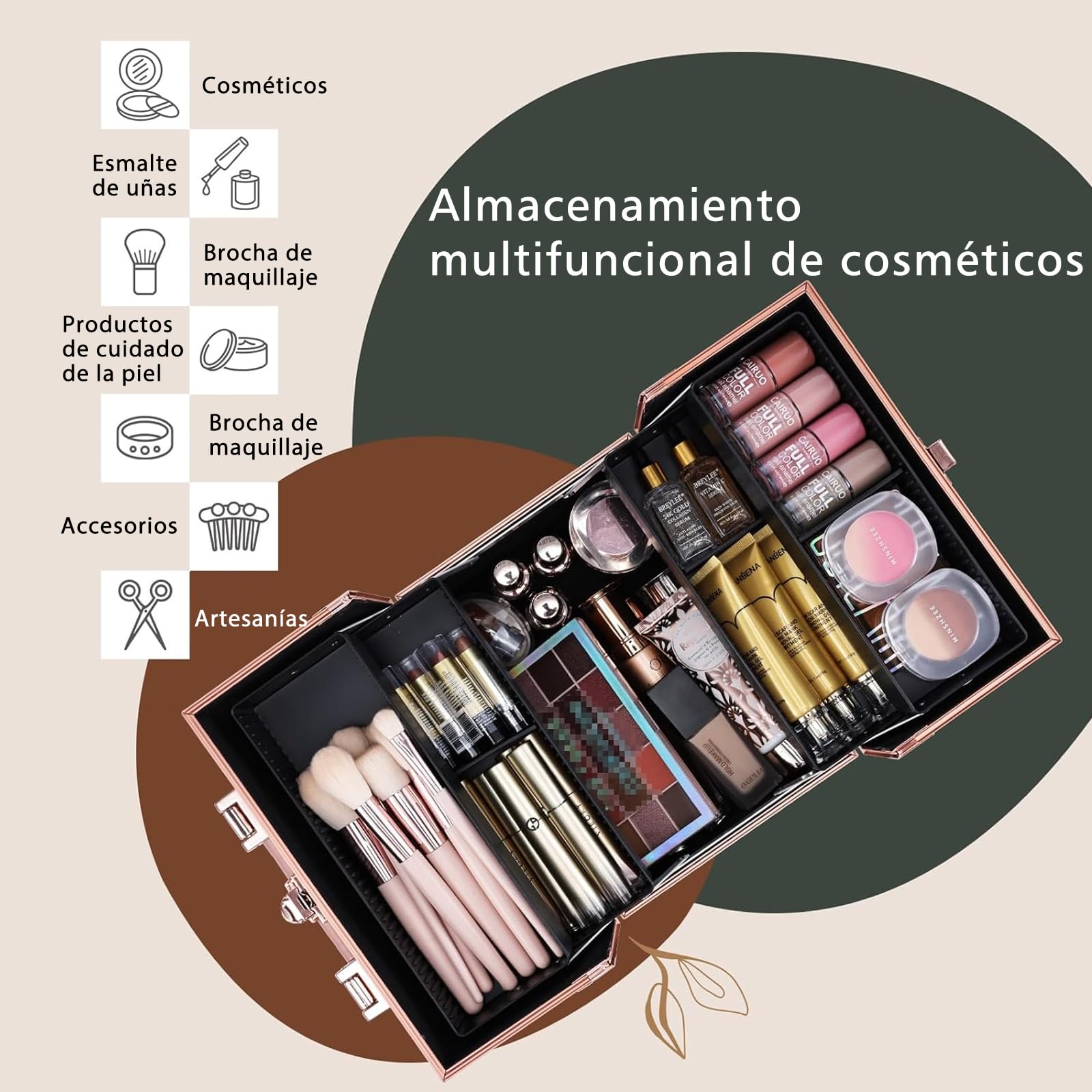 Maletín Maquillaje Cosméticos Estuche Maquillaje y 4 Tarias Maleta de Makeup Case Estuche Organizador Estuche de Uñas Joyero y Manicura Beauty Case de Viaje para Mujer Profesional, Rosa Oro