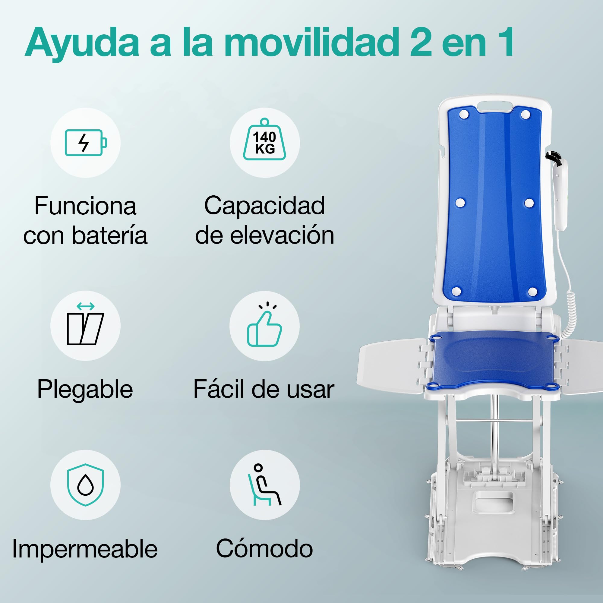 Sillas para Levantarse, Grúa para Enfermos con Control Remoto | Grua para Personas Mayores Electrica con Mando a Distancia, Altura Ajustable, IP68 Impermeable, Asiento Ergonómico Plegable