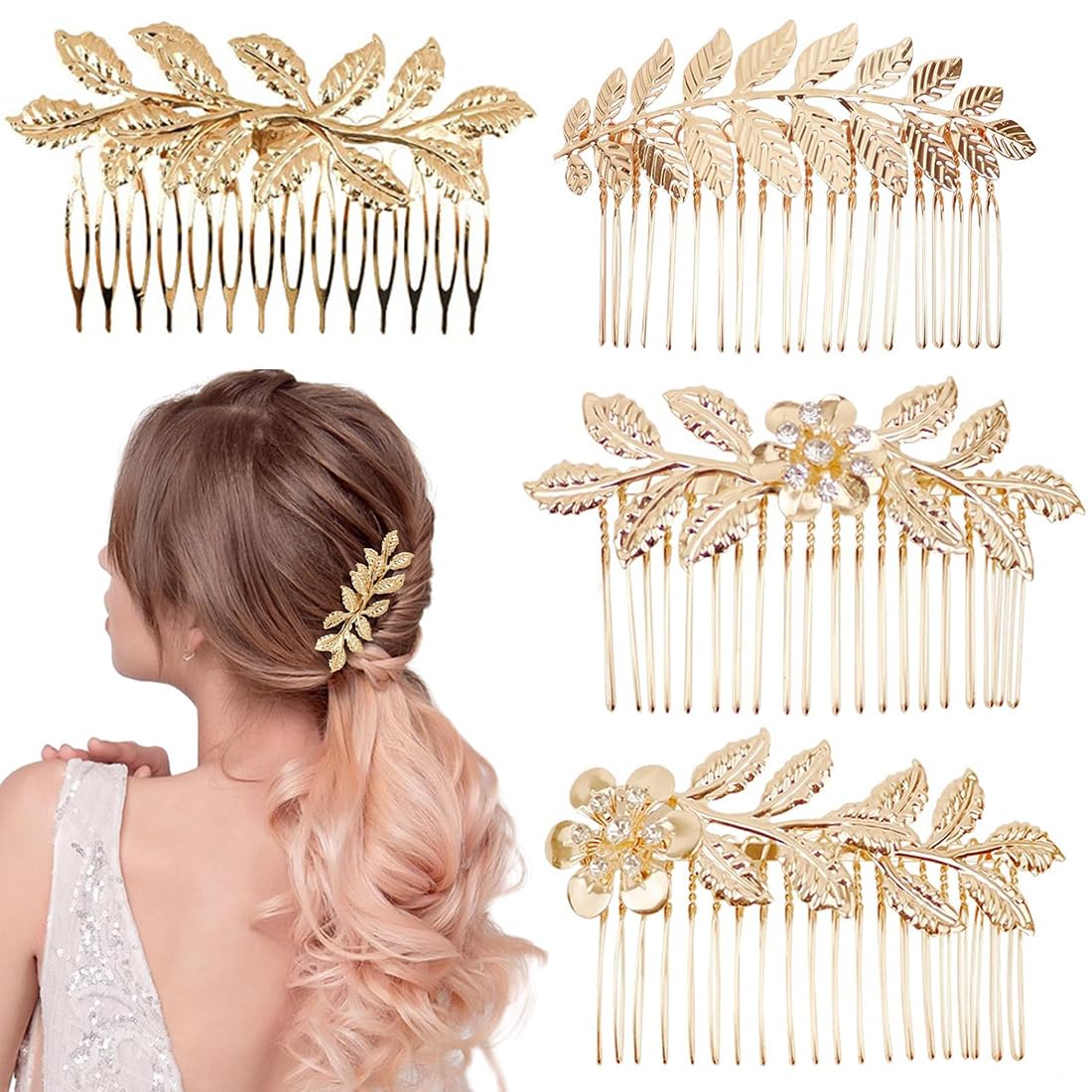 4 Piezas de Accesorios para el Pelo en Oro, Peine con Hoja Hermoso y Encantador, Ideal para Diseñar Peinados en Damas.