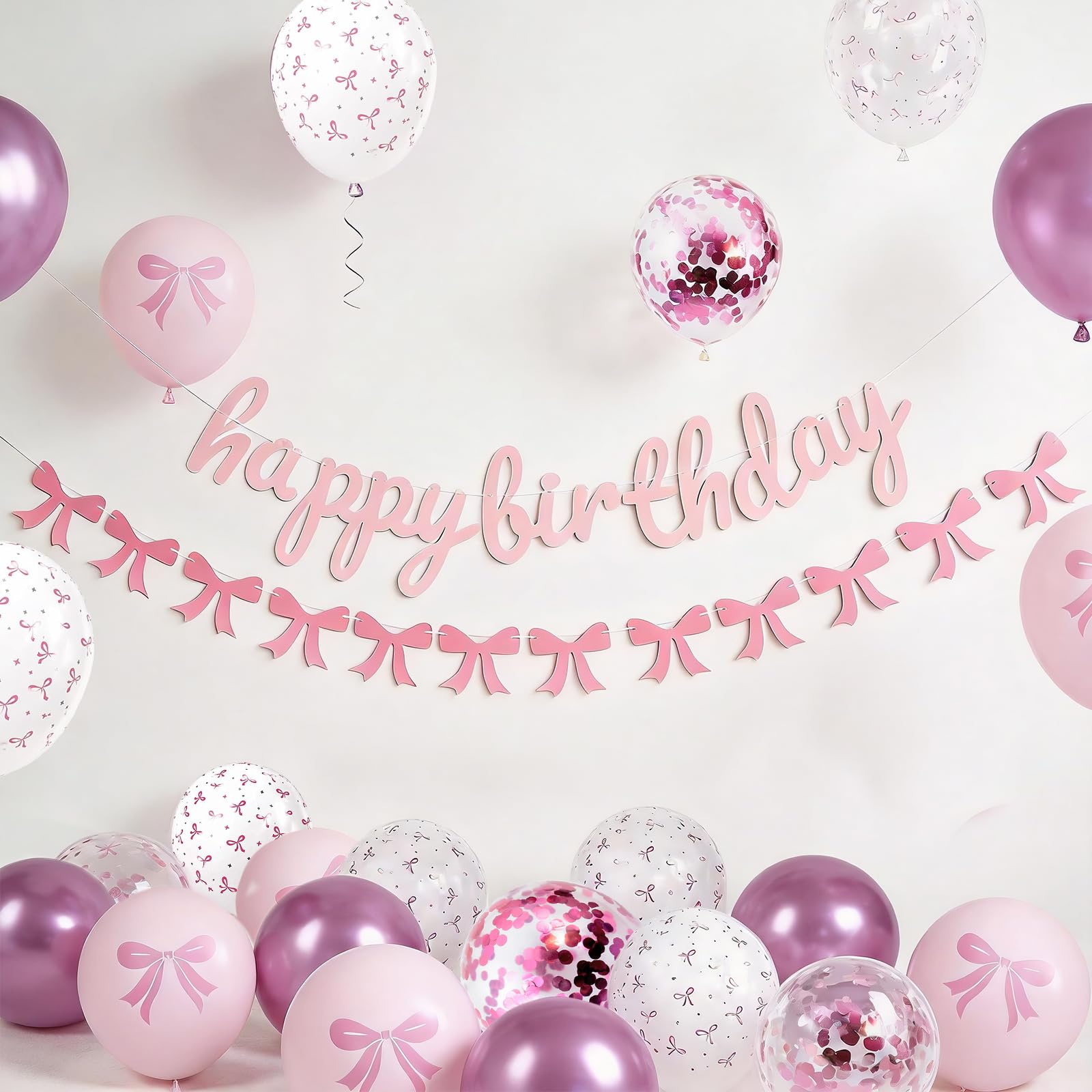 32PCS Pink Bow Birthday Banner & Balloon Set for Her