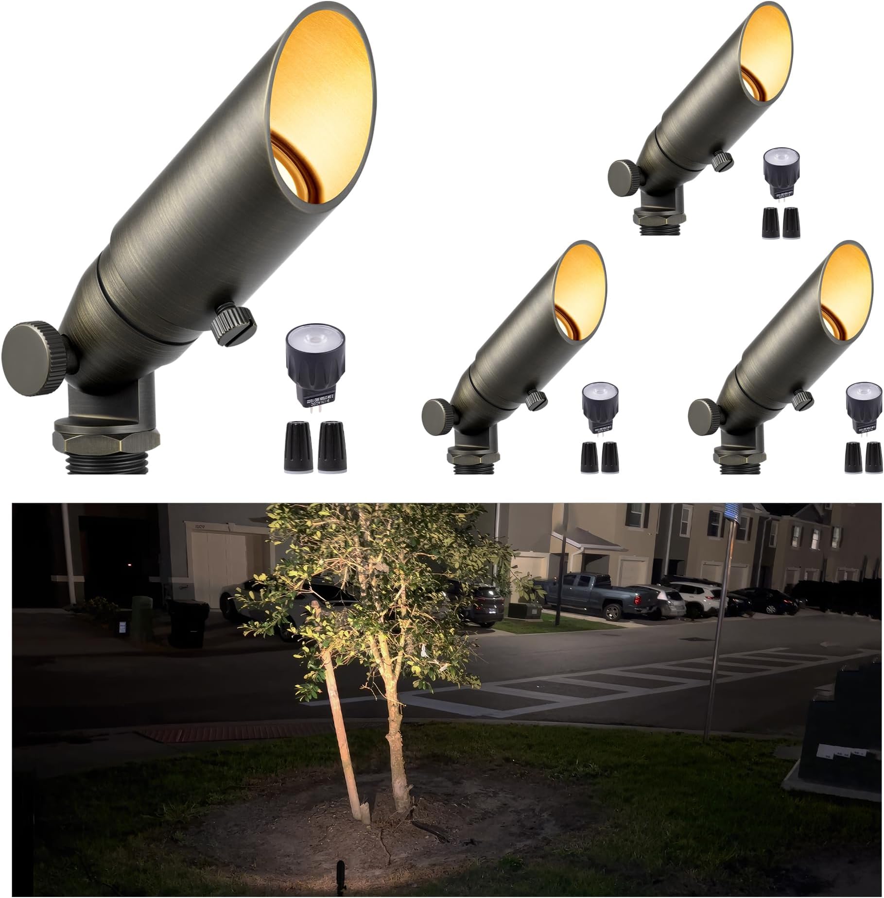Gardenreet Brass Landscape Lighting - Outdoor Low Voltage Spotlights Wired, MR8 Low Light 12V LED Uplights, Waterproof Spot Lights, Bronze for Outside Shrub with 2.5W Warm White Bulb (4 Pack)