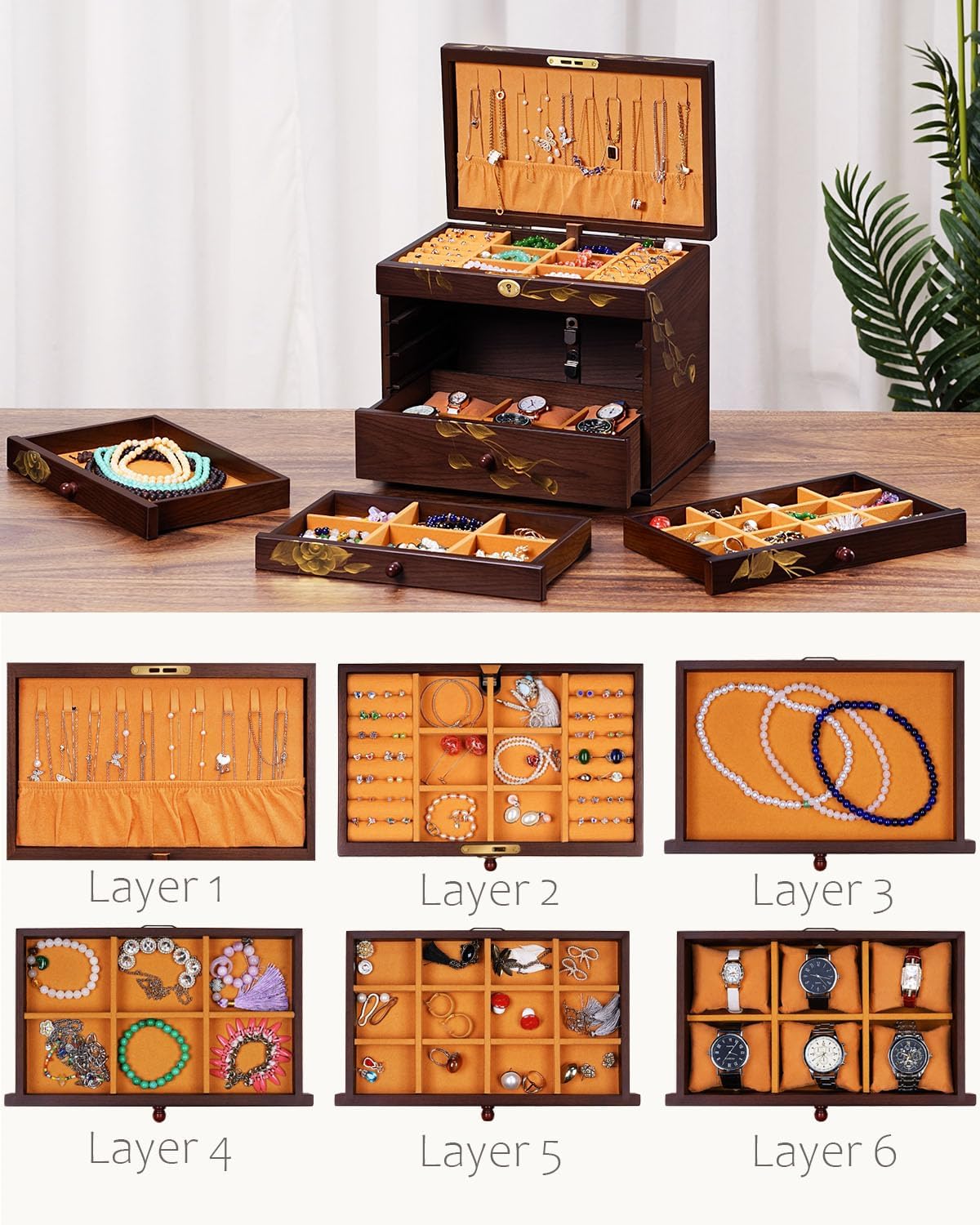 Hand-drawn rose Jewelry Box Wood for Wowen,6-Layer Wooden Jewelry Organizer Boxes with 4 Drawers dresser, Vintage Multi-functional Jewelry Storage Case with lock - Image 6