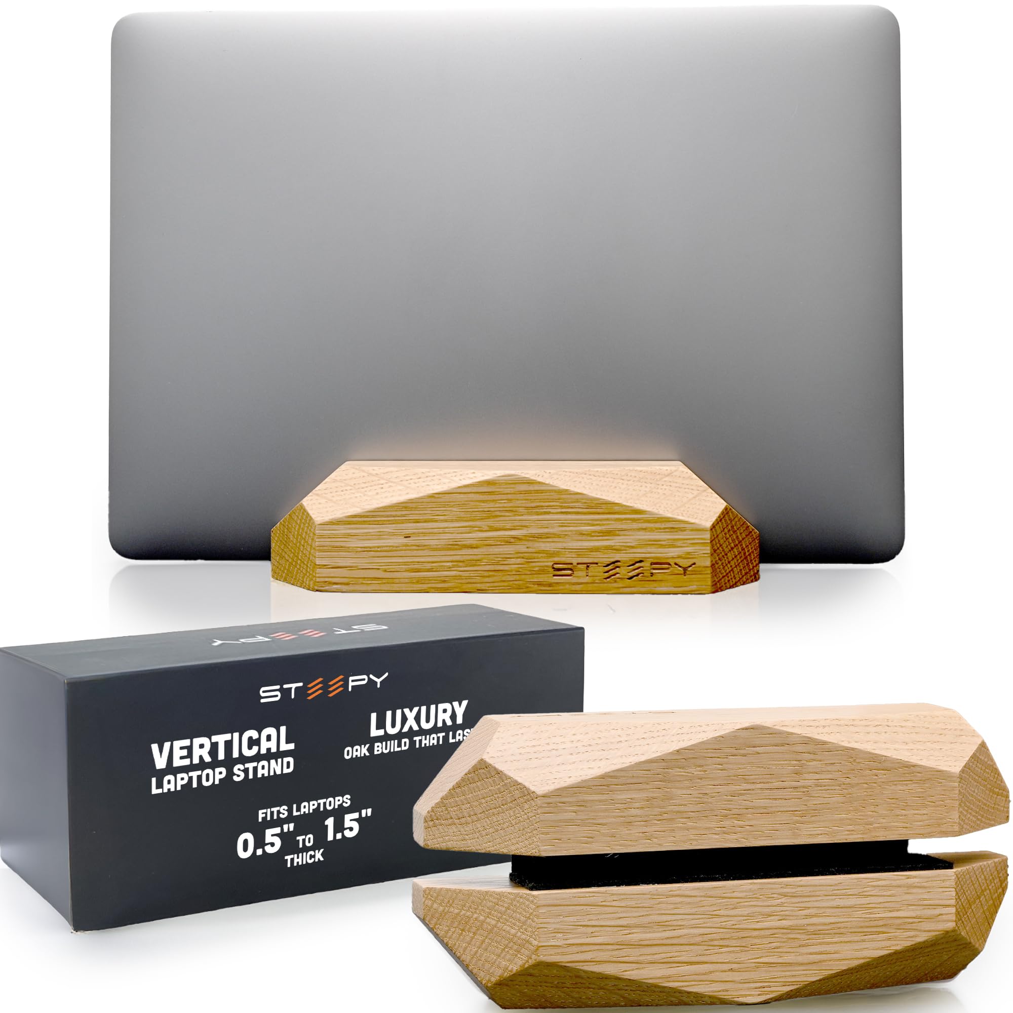Steepy Oak Wood Laptop Holder - Vertical Adjustable Stand for Desks & Dock - Supports up to 24
