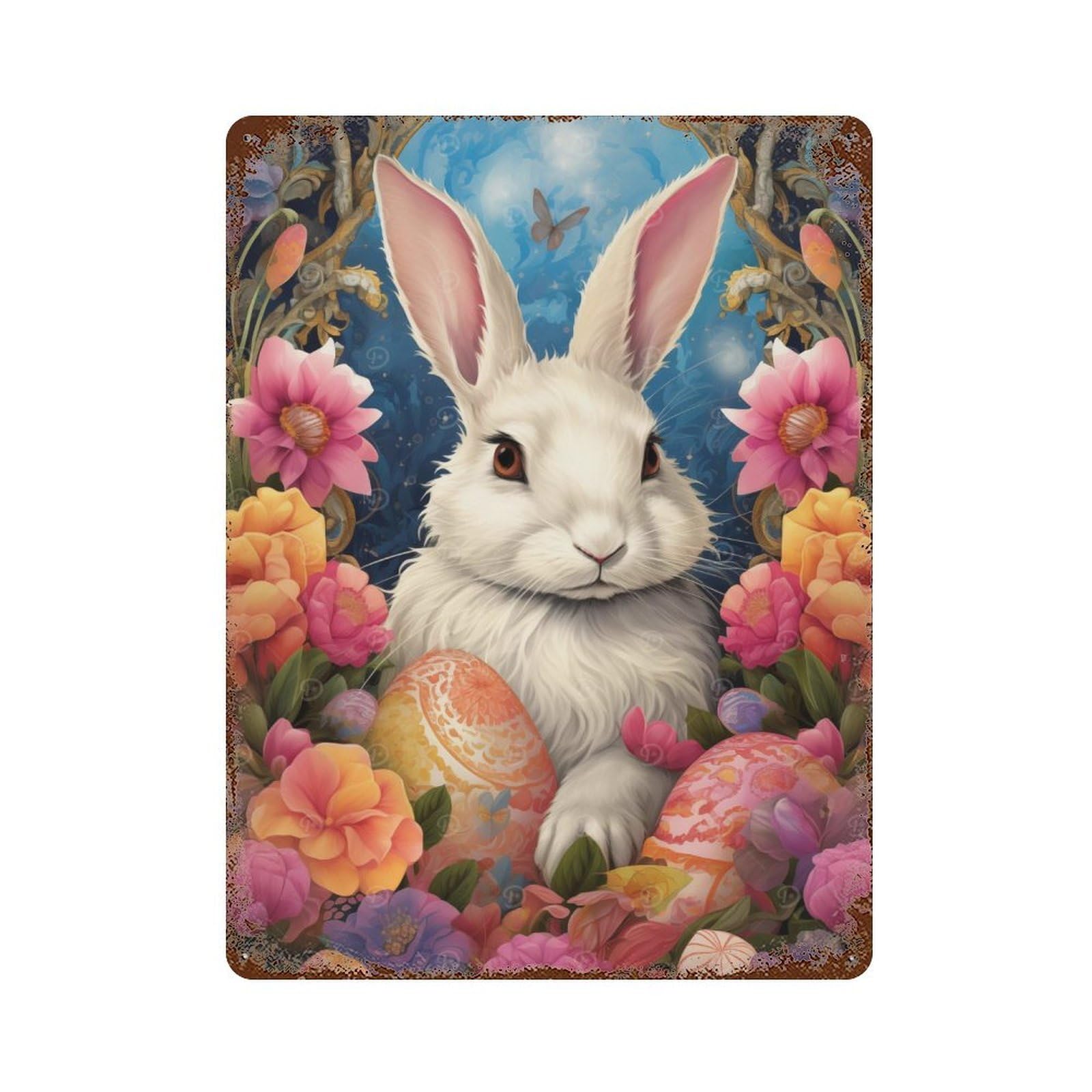 Cute Easter Bunny Distressed Metal Wall Sign 15.7"x11.8", Rustic Home Decor for Living Room, Hallway And Home Decor