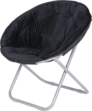 Faux Fur Folding Chair Portable Soft Lounge Moon Chair with Foldable Metal Frame for Living Room Bedroom Courtyard, Black