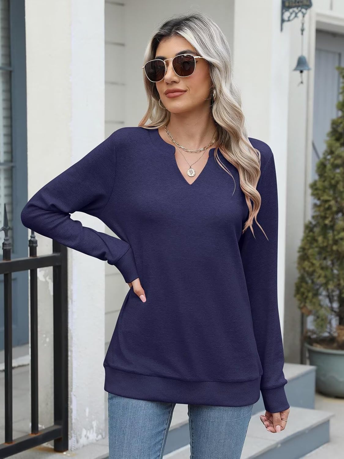 EADINVE Womens Casual Long Sleeve V Neck Sweatshirts Cute Loose Fit Lightweight Pullover Fall Clothes Tunic Tops - Image 2