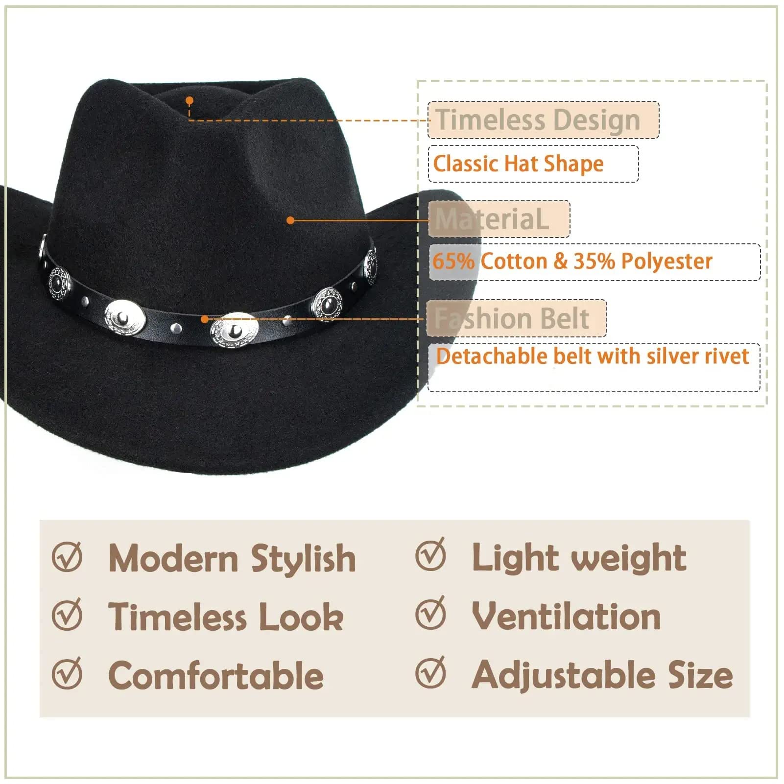 Sombrero de vaquero negro para mujeres y hombres, estilo occidental, ala ancha, fieltro, sombrero Fedora Panamá con hebilla de cinturón desmontable