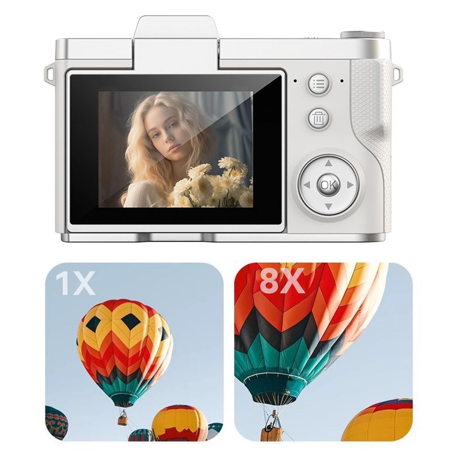 Fockety Fotocamera Digitale per Fotografia, Fotocamera Mirrorless da 48MP con Zoom 8X 1080P con Schermo Flip da 2,4" a 180° Flash per Vlogging con Messa a Fuoco Automatica, (WHITE)