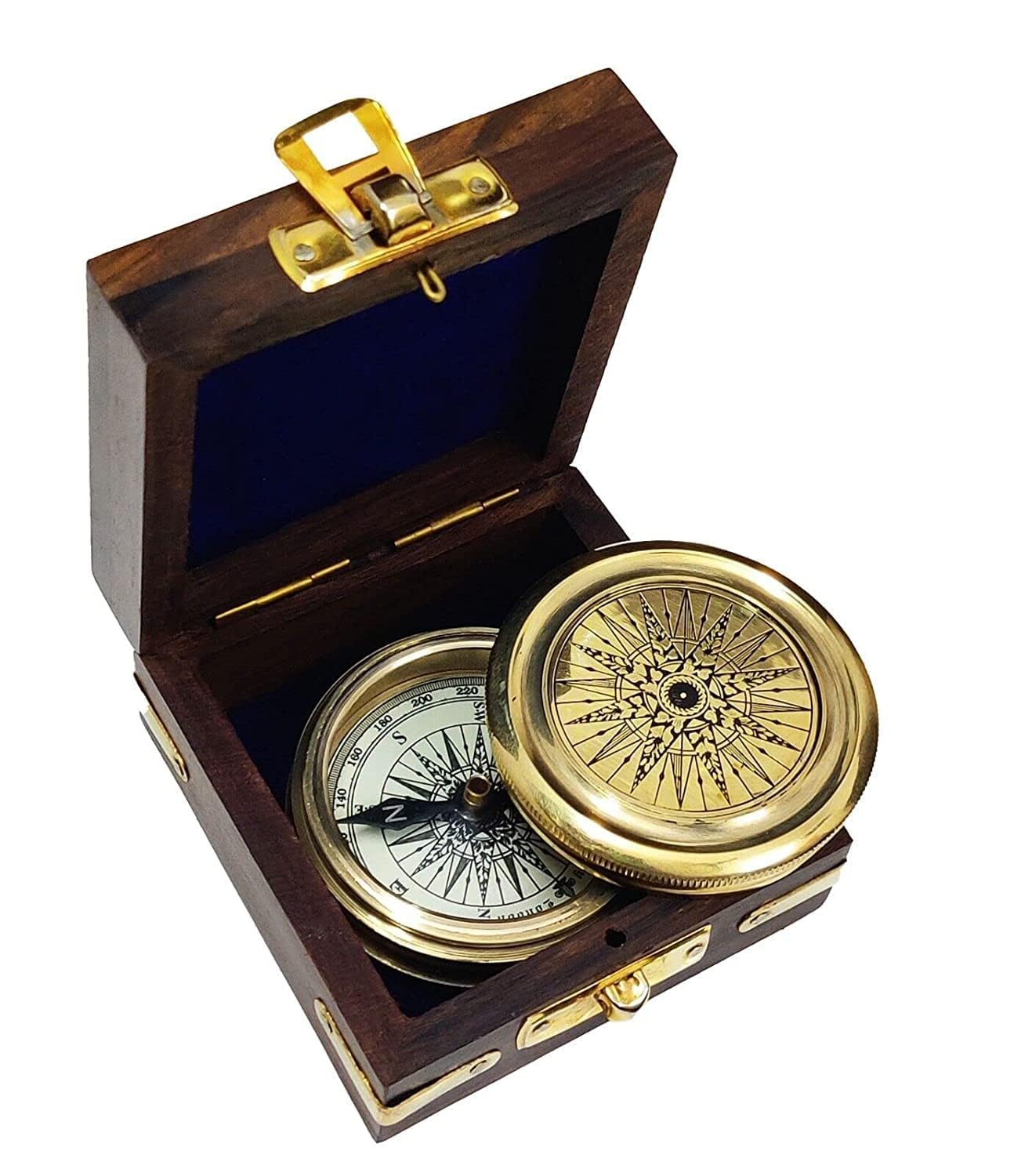 Brújula de navegación de latón con caja de madera, diseño náutico, regalo de 5 cm