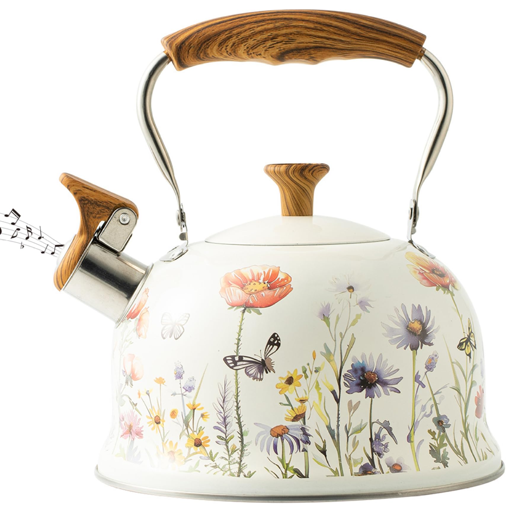 Nassmosse Beige Stove Top Kettle, 3L Elegant Floral Food Grade Stainless Steel Whistling Kettle With Wood Handle Hot Water & Fast To Boil Teapot For Home Camping All Hob Types