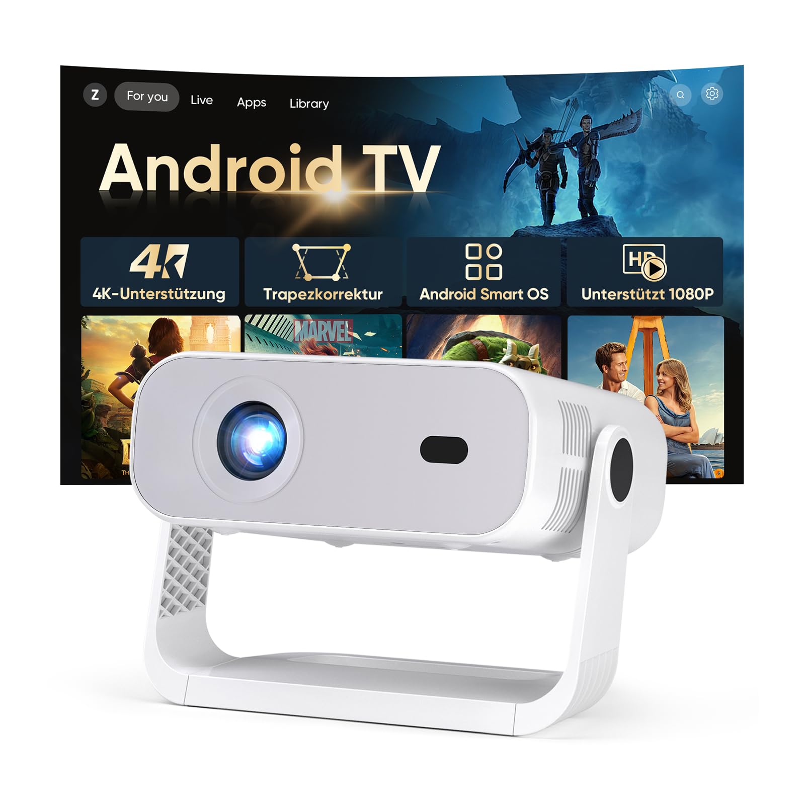 2026 Neuer Smart Mini Beamer Integrierte APP, Android 14,20000Lumens, Unterstützt 4K-Dekodierung,Automatische Trapezkorrektur, WiFi6 & BT5.2 Projektor，Beamer Heimkino für Handy/HDMI/PC