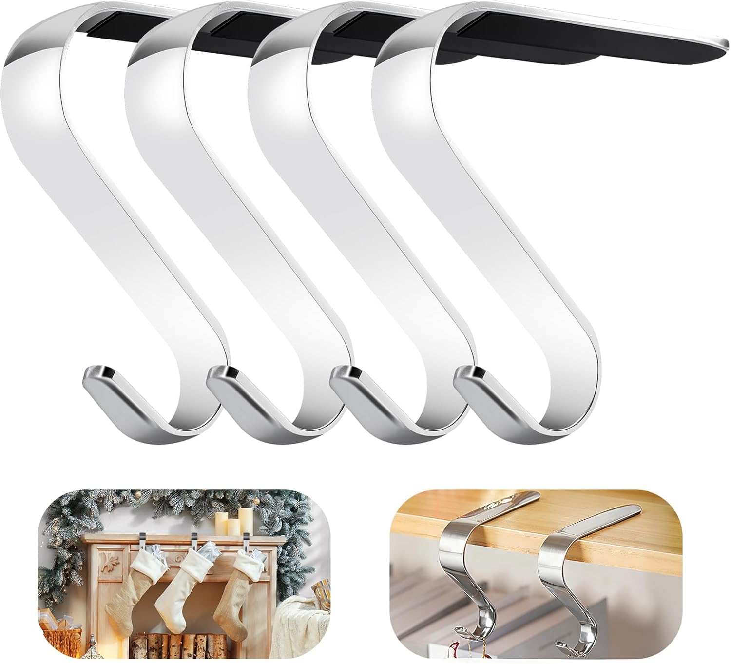 Christmas Stocking Holders for Mantle Set of 4, Heavy Duty Damage Free Stocking Hangers with Non-Slip Strips Mantle Fireplace Stocking Hooks for Christmas Party Decoration Silver 4 Silver