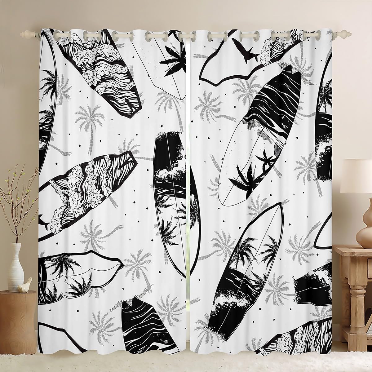 Manfei Kids Summer Beach Blackout Curtain Black White Surfboards Window Treatments, Tropical Palm Trees Window Drapes for Boys Teen Room Decor Grommet Top 2 Panel Set Bedroom Curtains, 52Wx63L inch