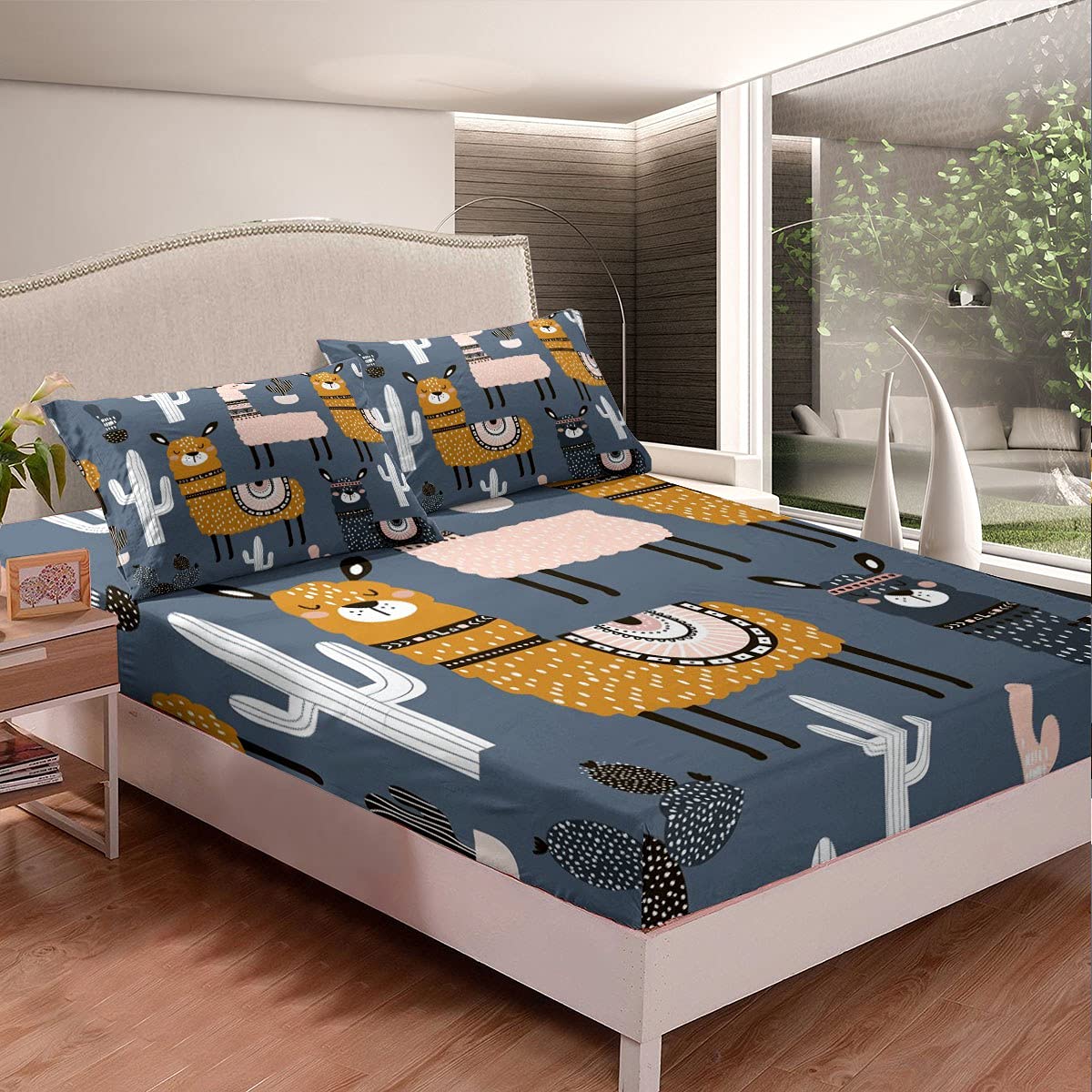 Niedlich Lama Spannbetttuch Kinder Karikatur Boho Lama Alpaka Spannbettlaken 140x200cm für Mädchen Jugendliche Zimmer Kawaii Bohemien Tier Dekor Bettlaken Set Kaktus Botanisch Blau 2St