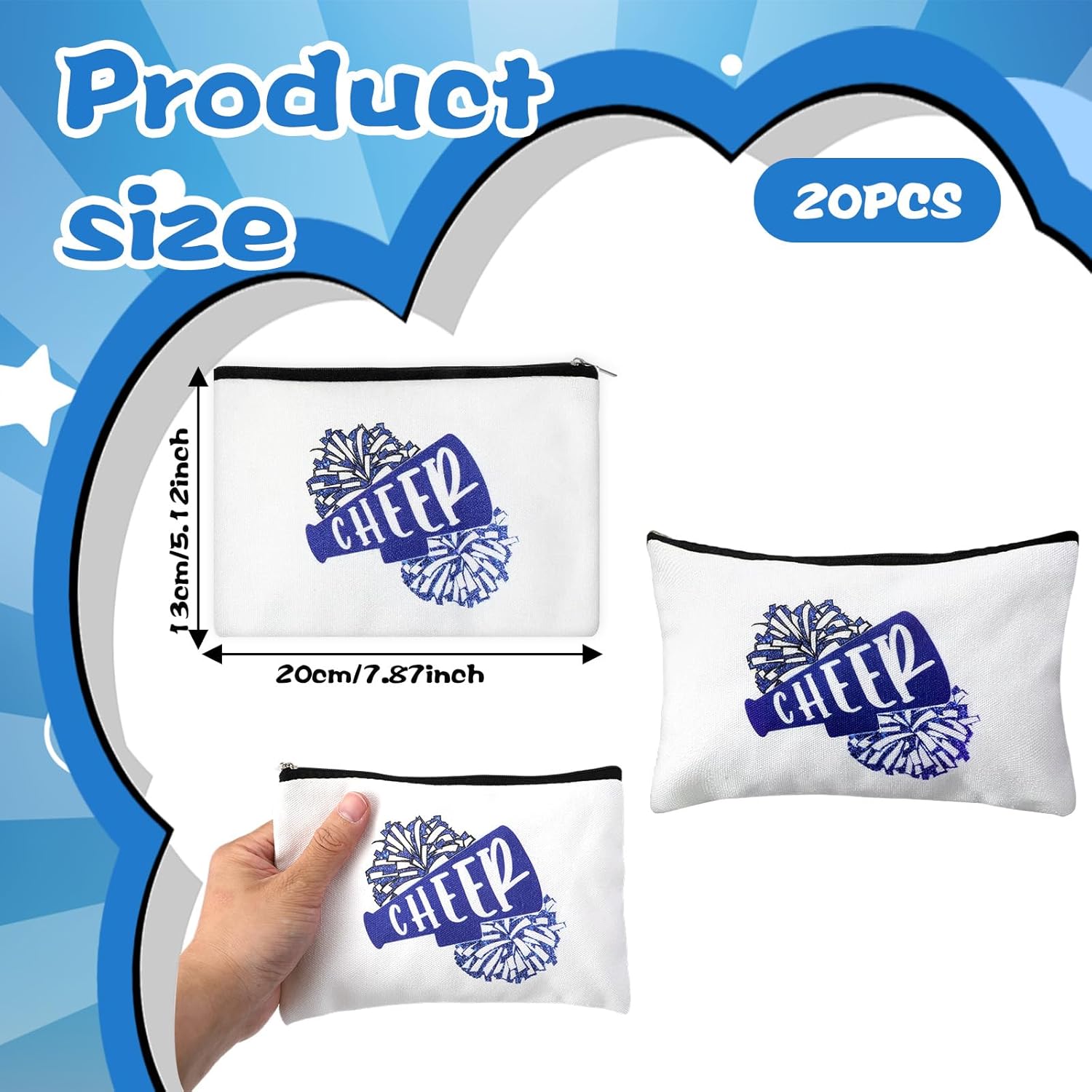 20 Pcs Cheer Makeup Bag Bulk, Cheer Cosmetic Bag Set with Blue Patterns on White Canvas, 7.87 x 5.12 Inch Zipper Pouch for Cheerleading Teams Gifts Party Supplies Travel Organization - Image 2