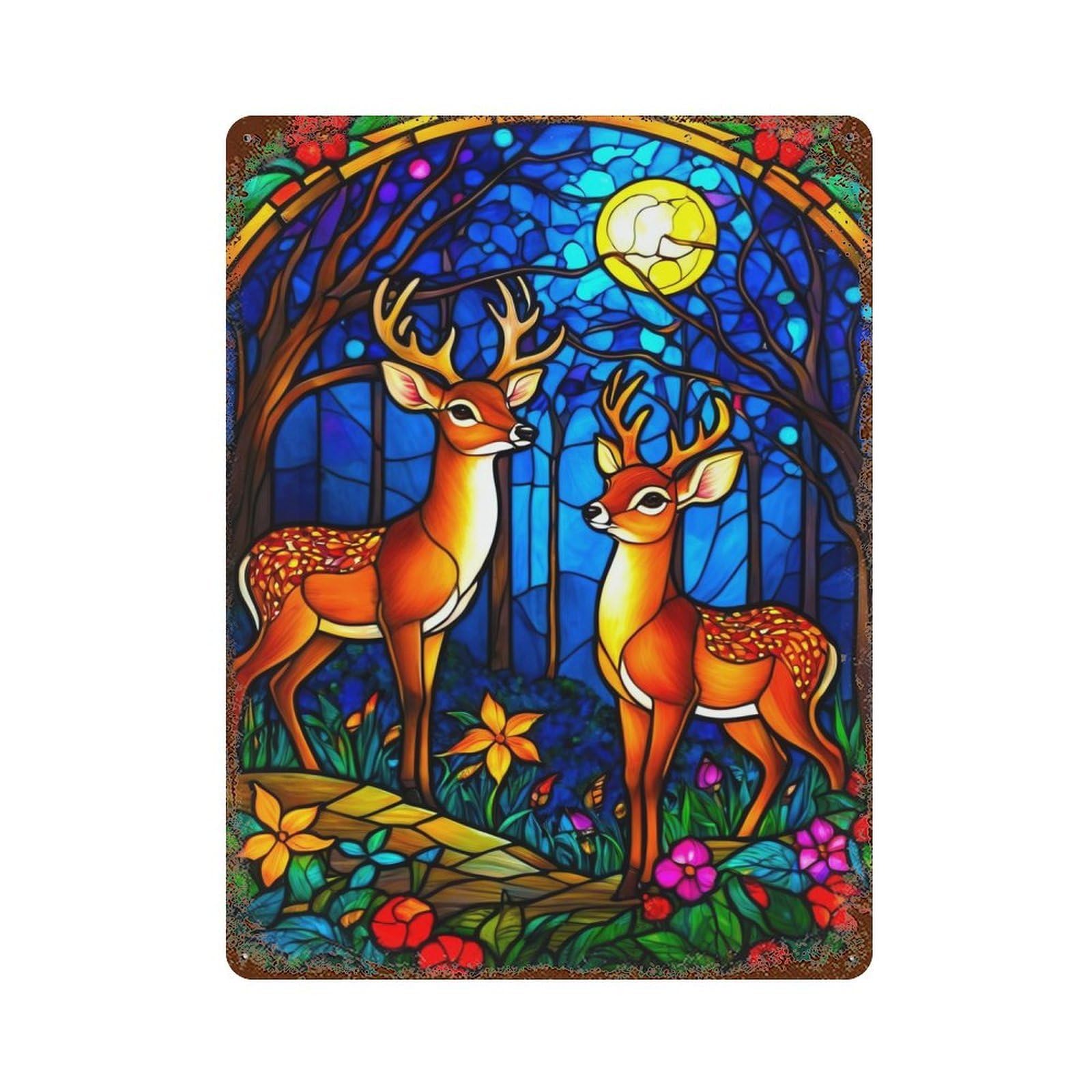 Retro Metal Sign with Stained Glass Deer Design 15.7"x11.8", for Farmhouse, Kitchen And Entryway Decor, Shabby Chic Decor