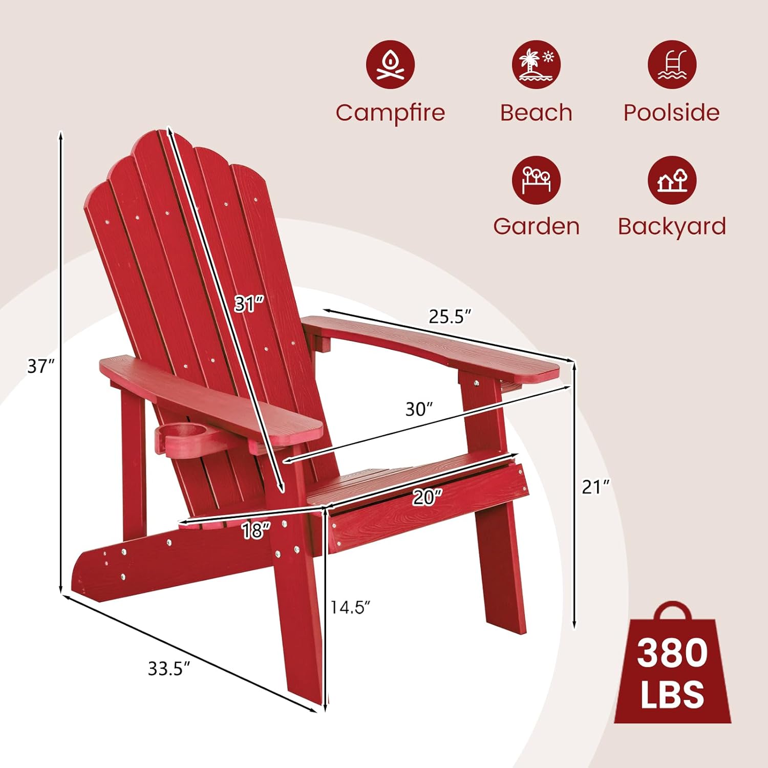 ORALNER Outdoor Adirondack Chair with Cup Holder, Plastic Resin Outdoor Deck Chair, 380 LBS Capacity, for Patio, Backyard, Porch, Balcony, Poolside, Garden, Lawn, Firepit (1, Red)