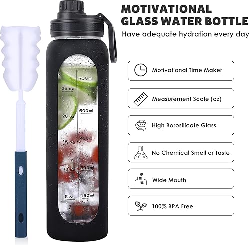 Miniatura 10 de Botellas de agua de vidrio de 32 onzas con funda de silicona, botellas de hidratación para beber, reutilizables, sin BPA, borosilicato, boca ancha,
