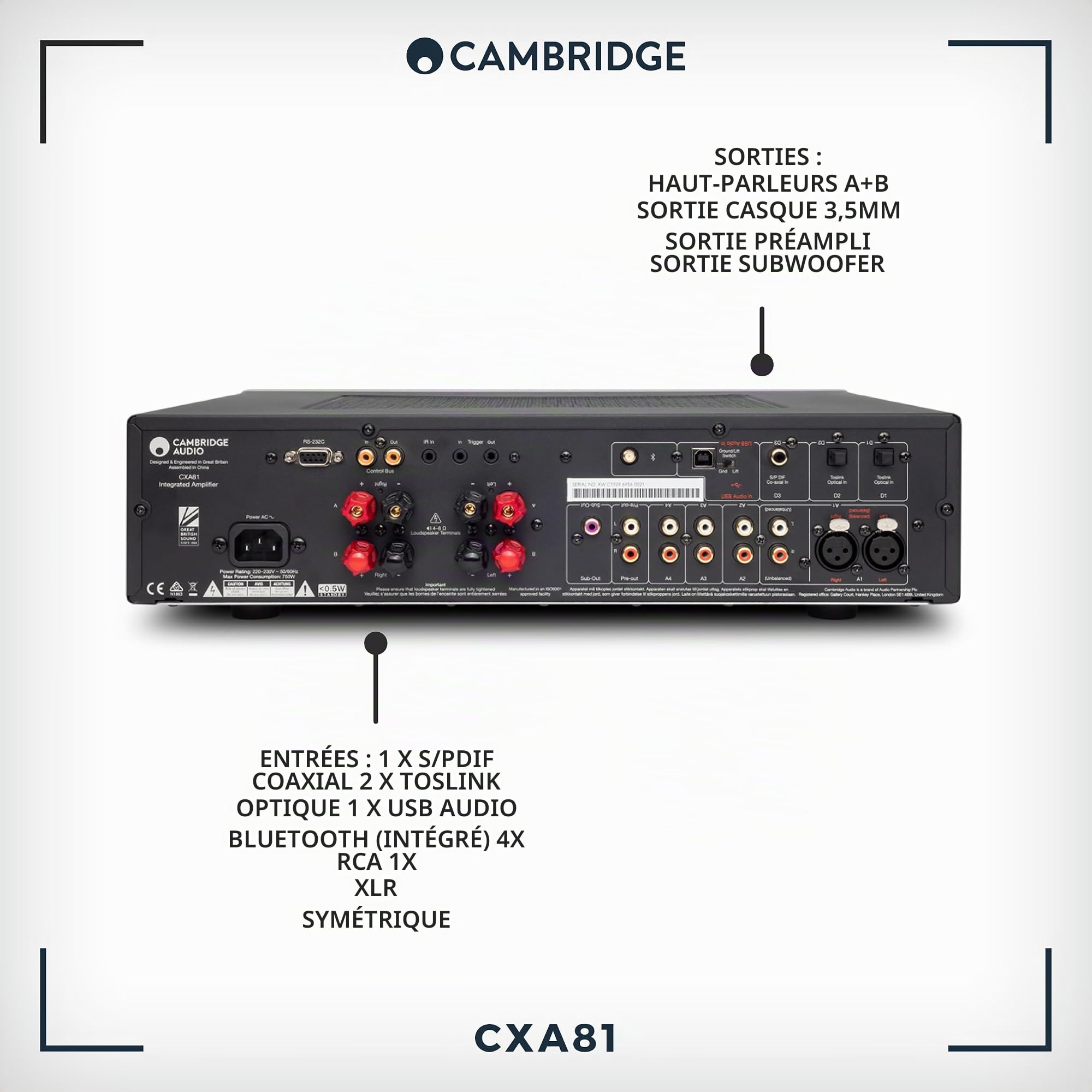 Cambridge Audio CXA81 - Amplificateur stéréo intégré séparé de 80 watts Système HiFi avec Bluetooth aptX HD et ESS SABRE DAC - Gris Lunaire