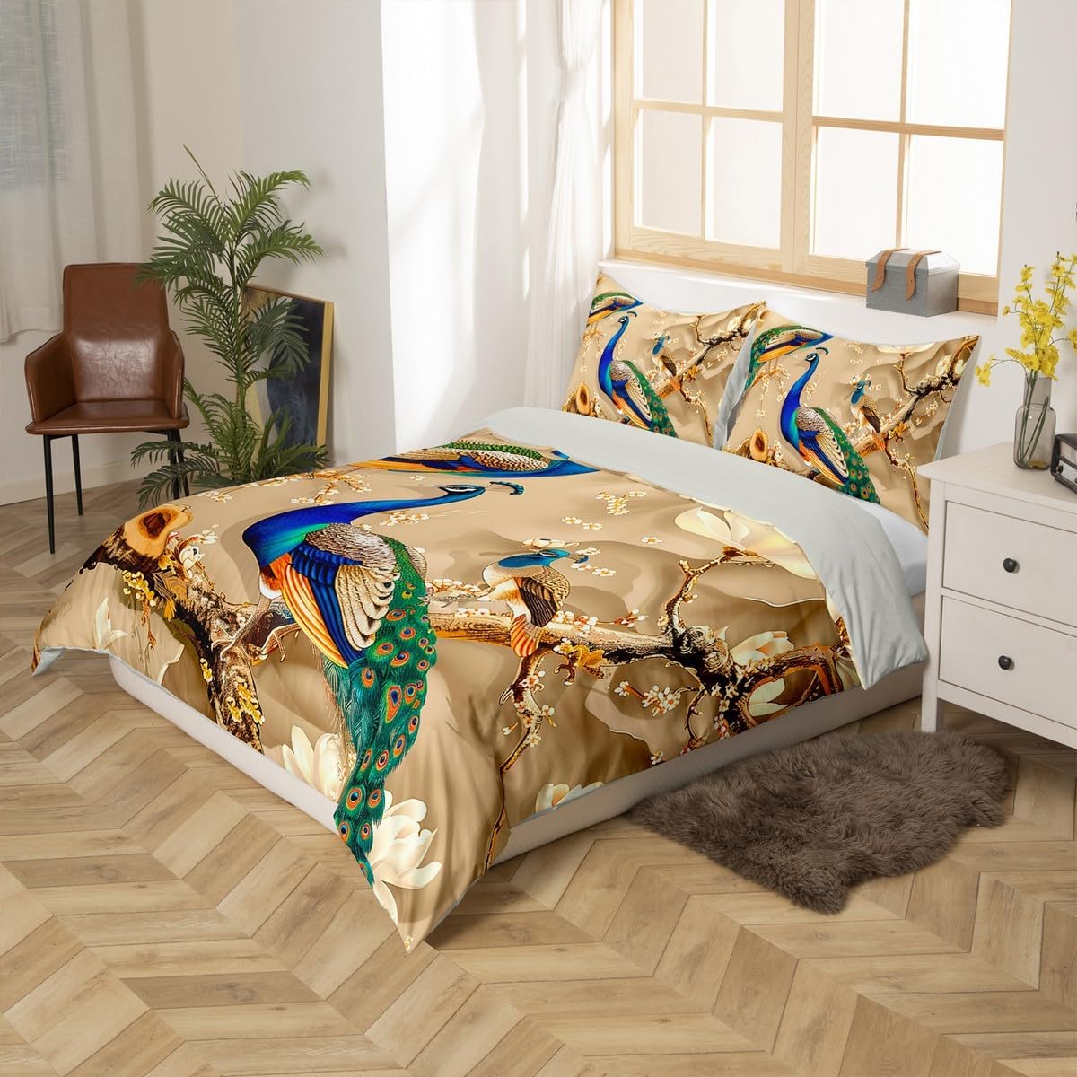 Feelyou Peacock Comforter Cover Set Peacock with Floral Bedding Set for Kids Adults Girls Animals Duvet Cover Botanical Bedspread 1 Duvet with 2 Pillowcases King Size (No Comforter)