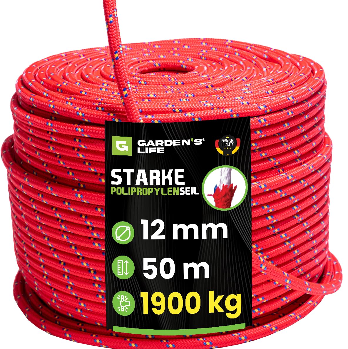 Garden's Life Polypropylenseil 12mm Durchmesser, Rot mit farbigen Sprenkeln, VERSTÄRKT, 1900 KG TRAGKRAFT, Premium Qualität (12mm - 50m)