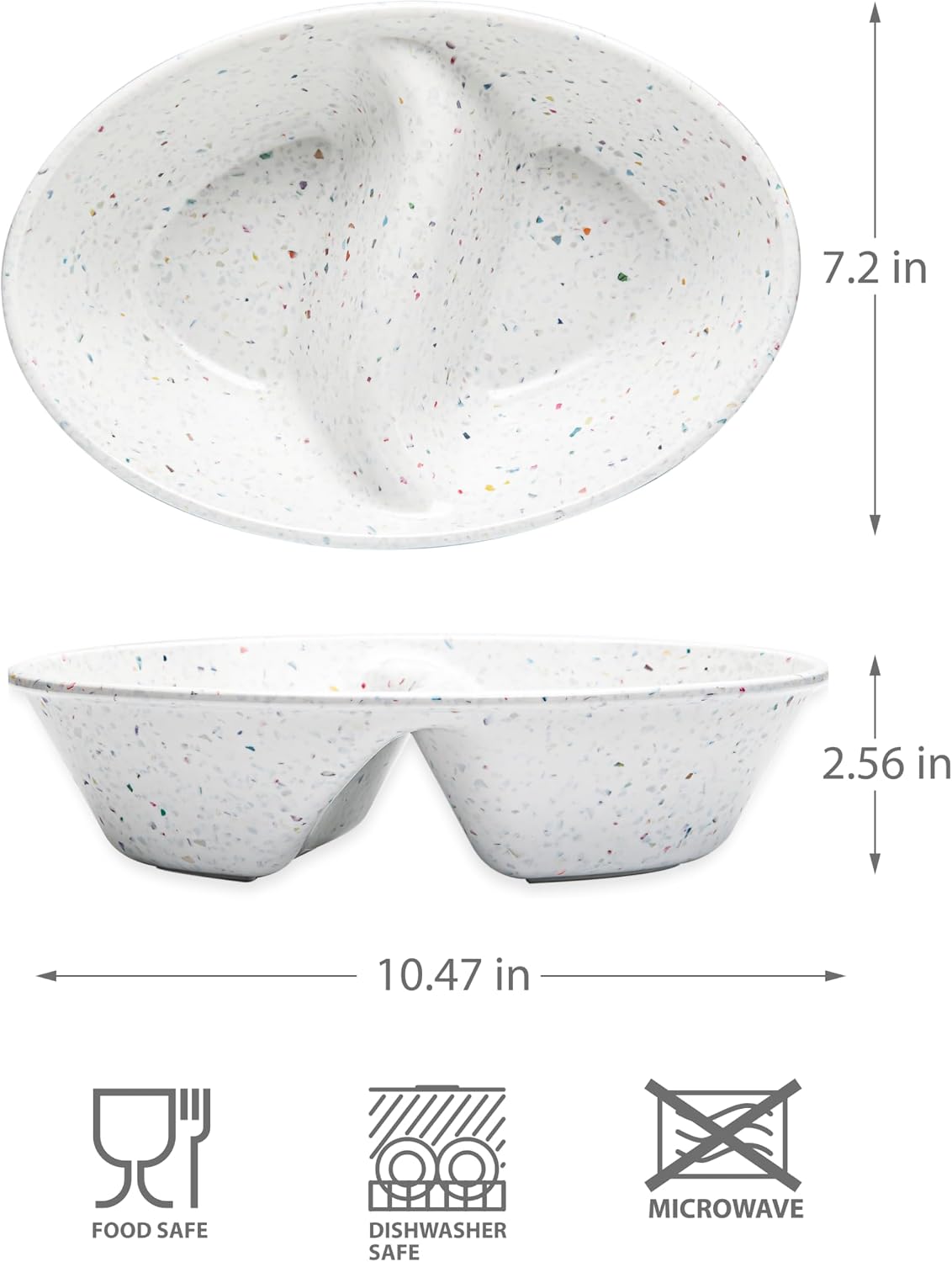 bzyoo Confetti Divided Bowl Set of 2, 100% Melamine BPA-Free Stackable Unbreakable Bowls with Two Compartments, Ideal for Snacks, Chips & Dips, Cereal, Dishwasher-Safe Color: White