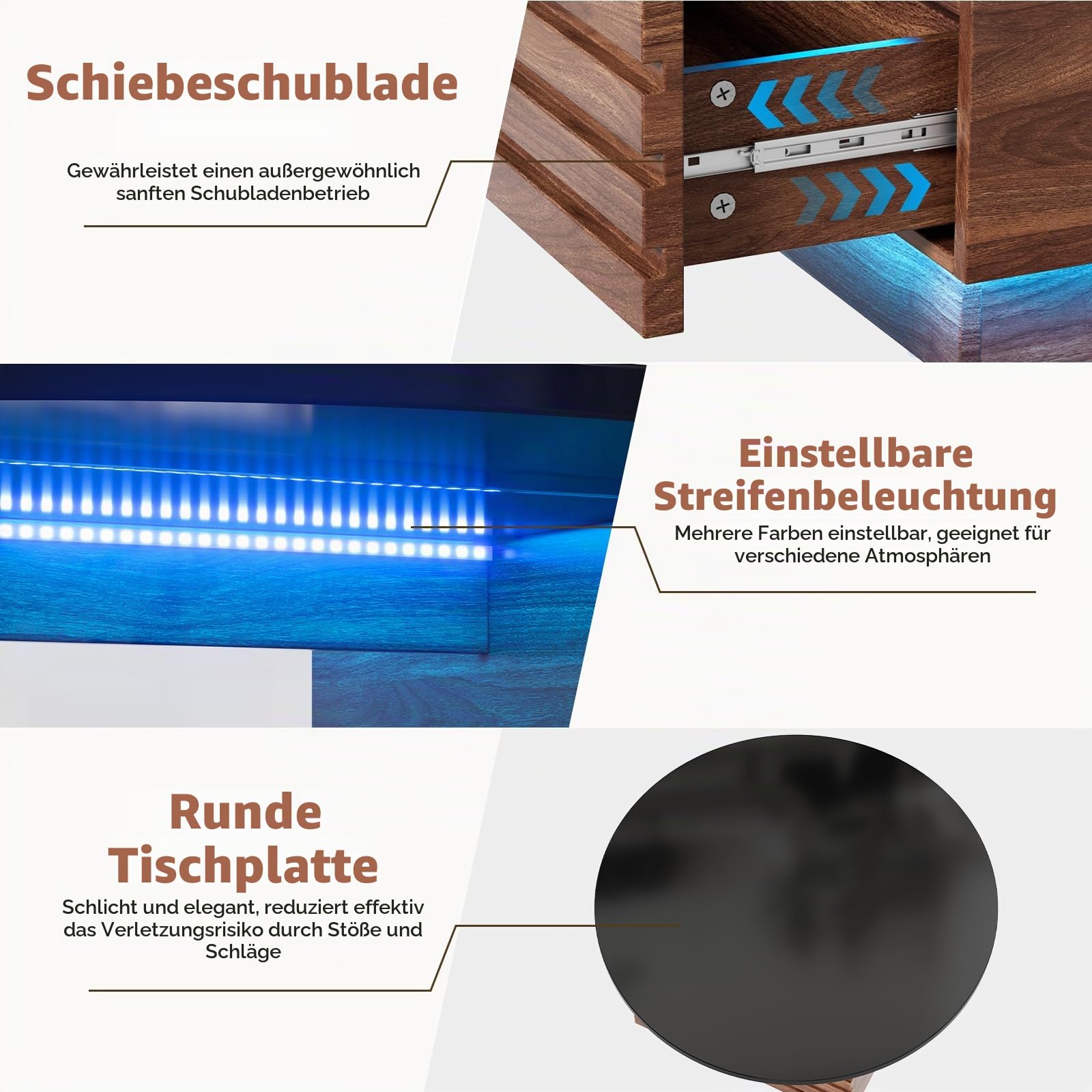 MSFE Runder Couchtisch mit LED Wohnzimmertisch mit 2 Schubladen Modern Sofatisch Runder Kaffeetisch mit Stauraum Couchtisch aus Holz & Gehärtetem Glas für das Wohnzimmer, Büro, Zuhause Ø 80cm x 40cmH