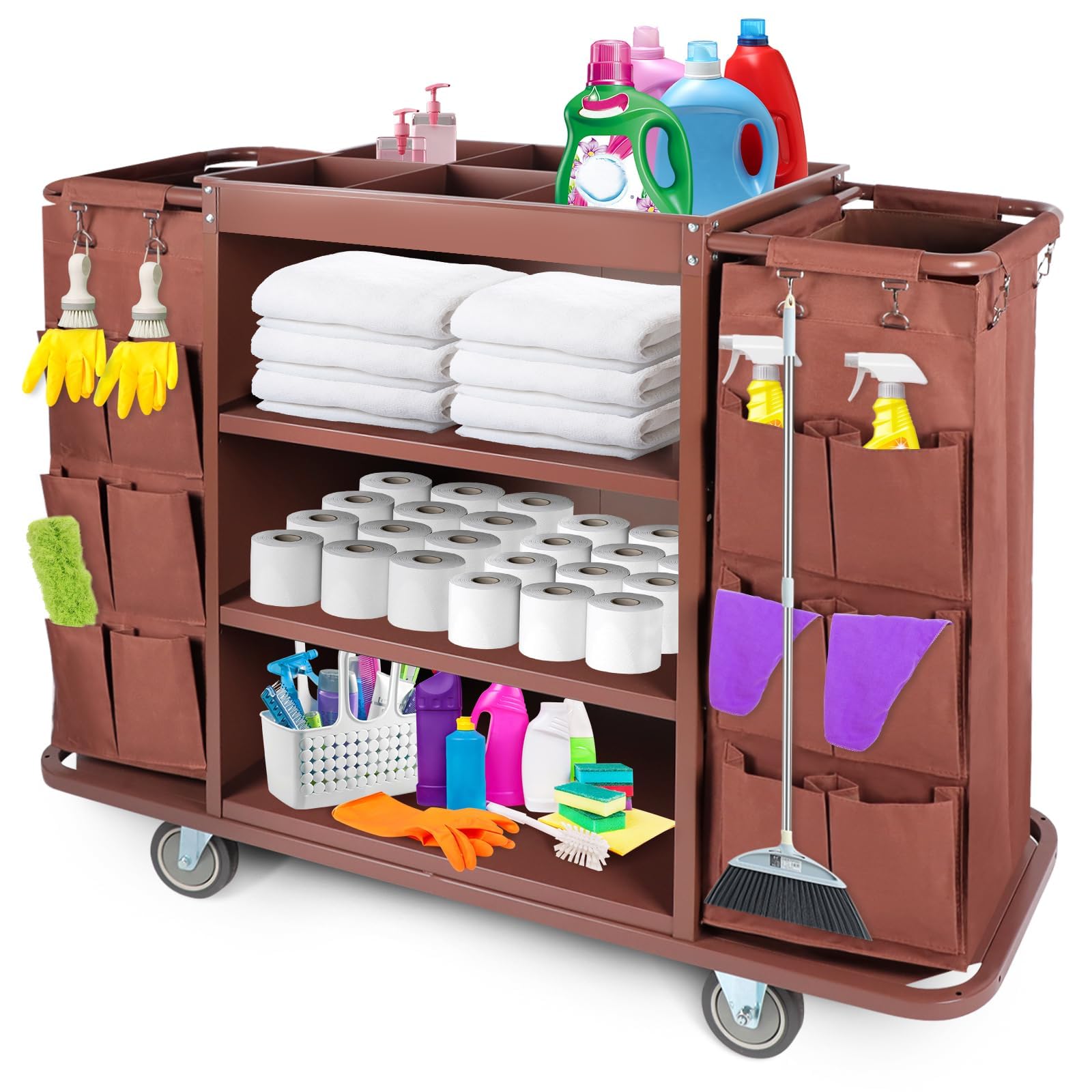 Carrito de Hotel Multifuncional, Carrito de Limpieza Comercial y Limpieza con Bolsa de Gran Capacidad y Ruedas
