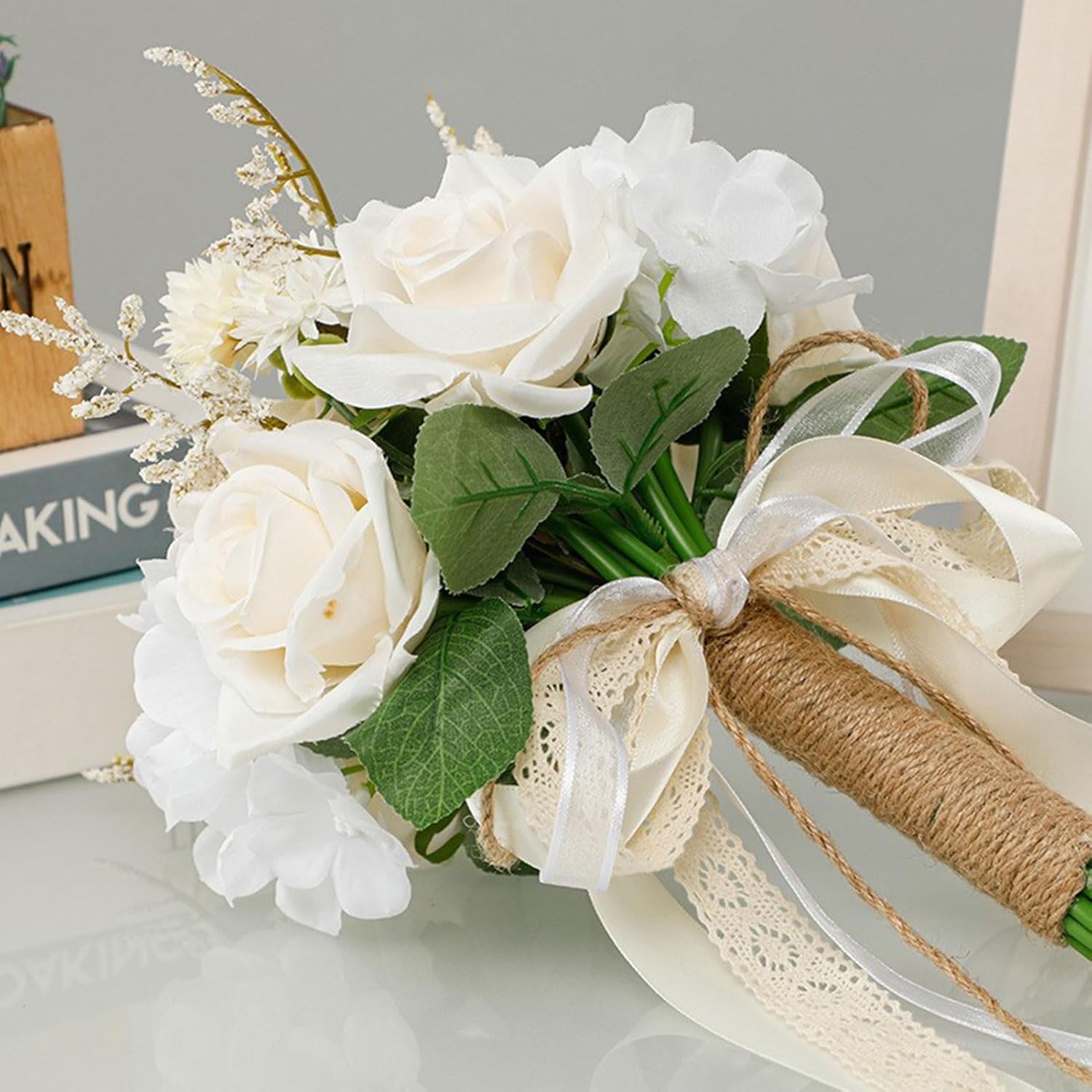 DULRLLY 2 PCS Wedding Bouquets for Bride Bridesmaid, Champagne White Rose Bride Holding Wedding Bouquet, Artificial Flower Bouquet for Wedding Home Decoration (2)