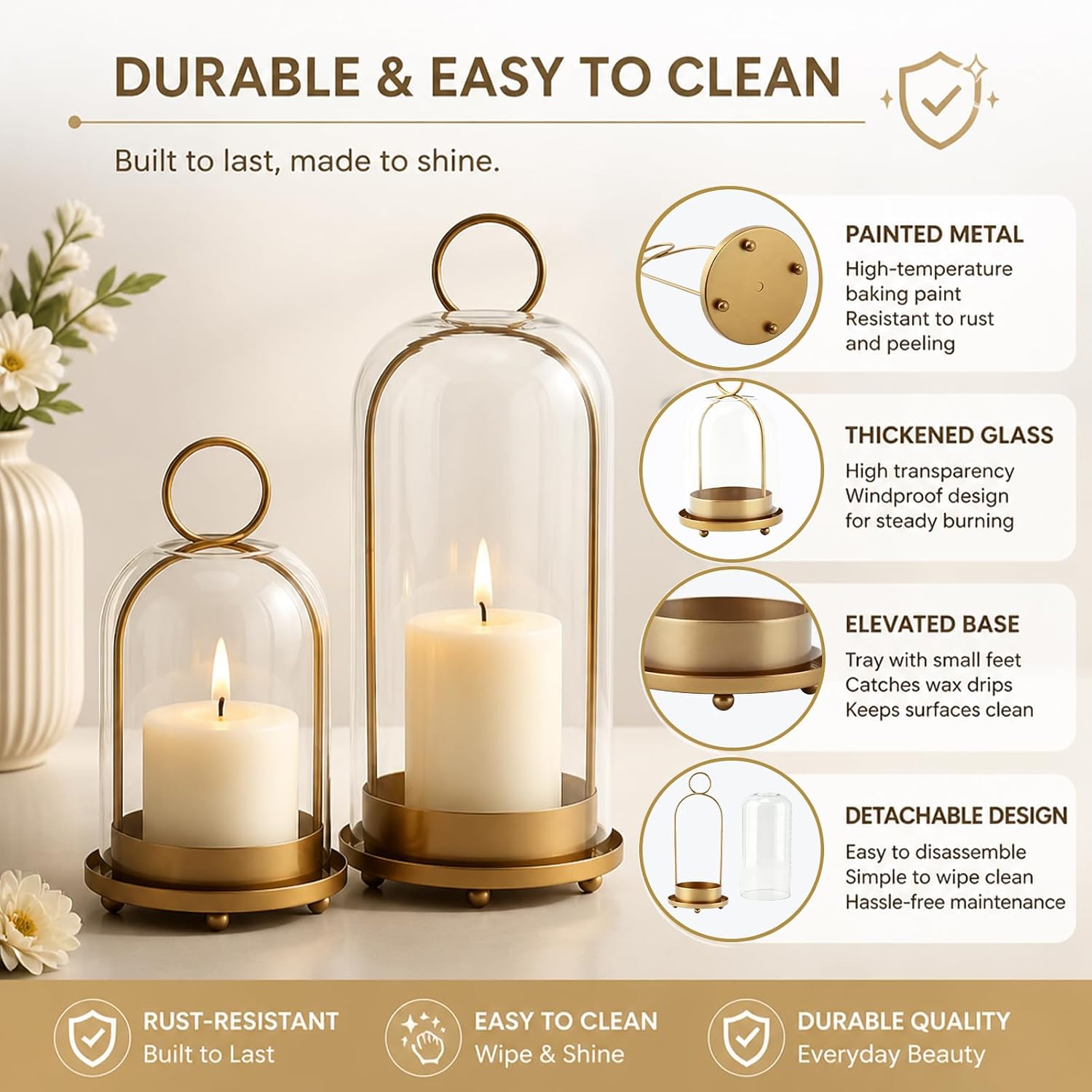 2 Pack Hurricane Glass Candle Holders, 4"& 5" Vintage Candle Lantern with Hanging Chains, Tabletop or Hanging Decor for Pillar Candles, Home Wedding Party Decoration
