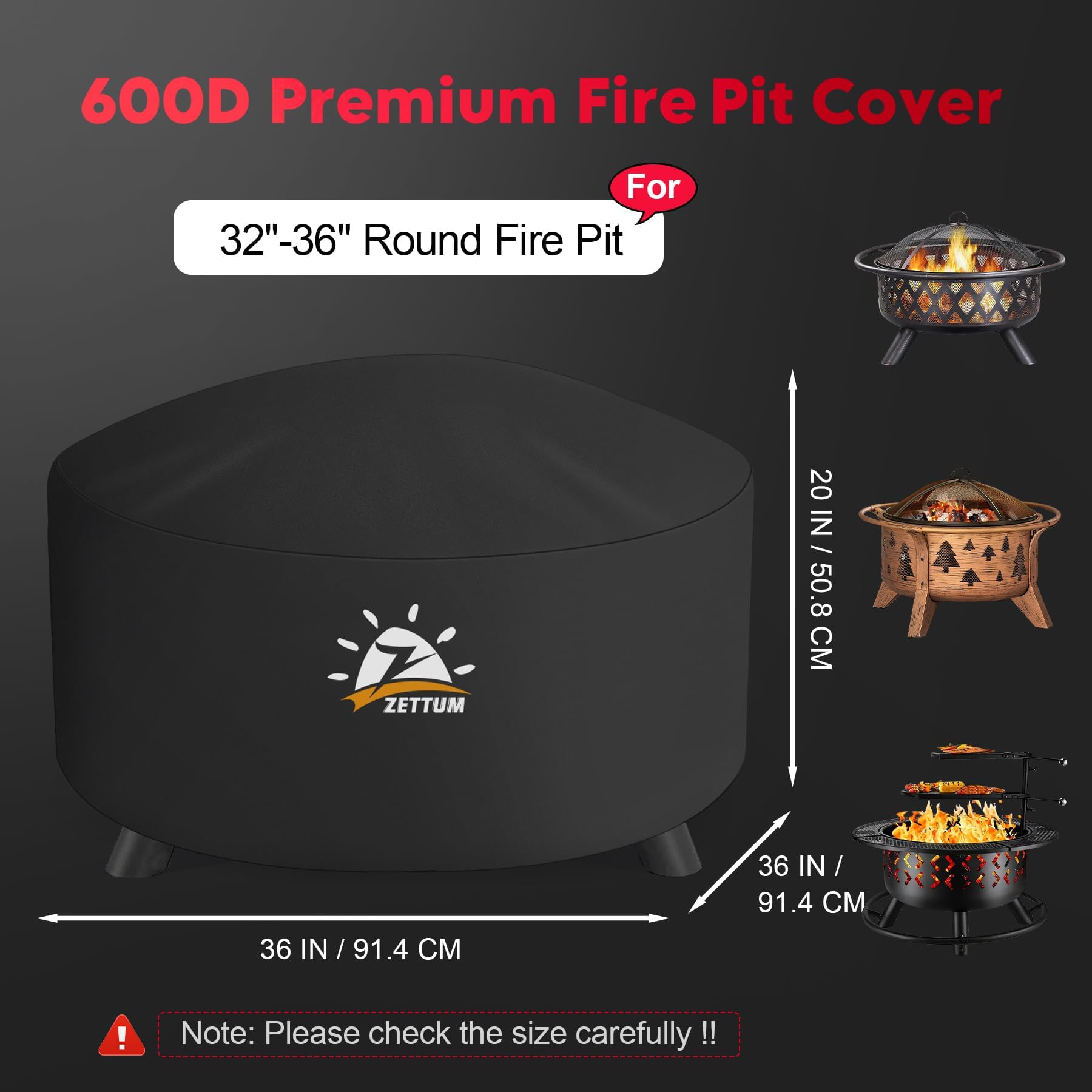 Zettum Housse de Protection pour brasero Exterieur de 110 cm, Couverture Ronde imperméable pour brasero, Tissu Oxford 600D, revêtement PU, Robuste et imperméable, diamètre: 111 x 61 cm - 2
