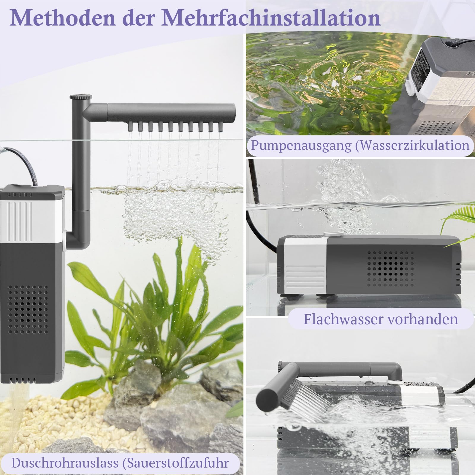 8W 12W Leistungsstarker Aquarienfilter für 40–180L Aquarien, Leise 3-in-1 Aquarium Filter, 400LPH 700LPH Einstellbarer Aquarium Innenfilter für Schildkröten-/Garnelen-/Zuchtbecken