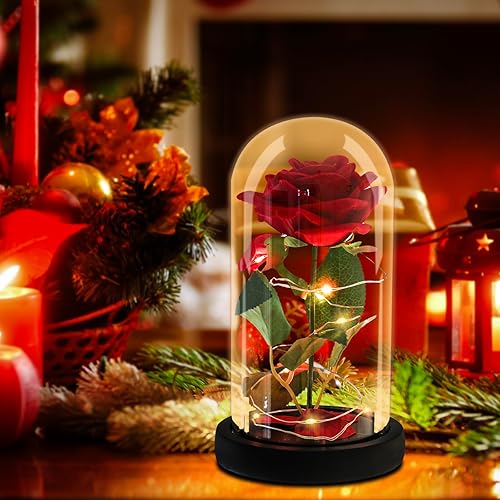 Miniatura 4 de Rosa en una cúpula de cristal La Bella y la Bestia Encantada Rosa de Seda Roja Luz LED Regalo Romántico Película Tema Fiesta Día de la Madre Día de